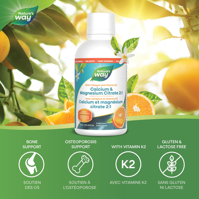 Nature's Way Calcium and Magnesium Citrate 2:1 - Liquid Supplement with Vitamin D3, Vitamin K2 and Collagen – Helps Support the Maintenance of Bones and Teeth – Orange Flavour, 500 mL 🍁 All In One Marketplace Canada