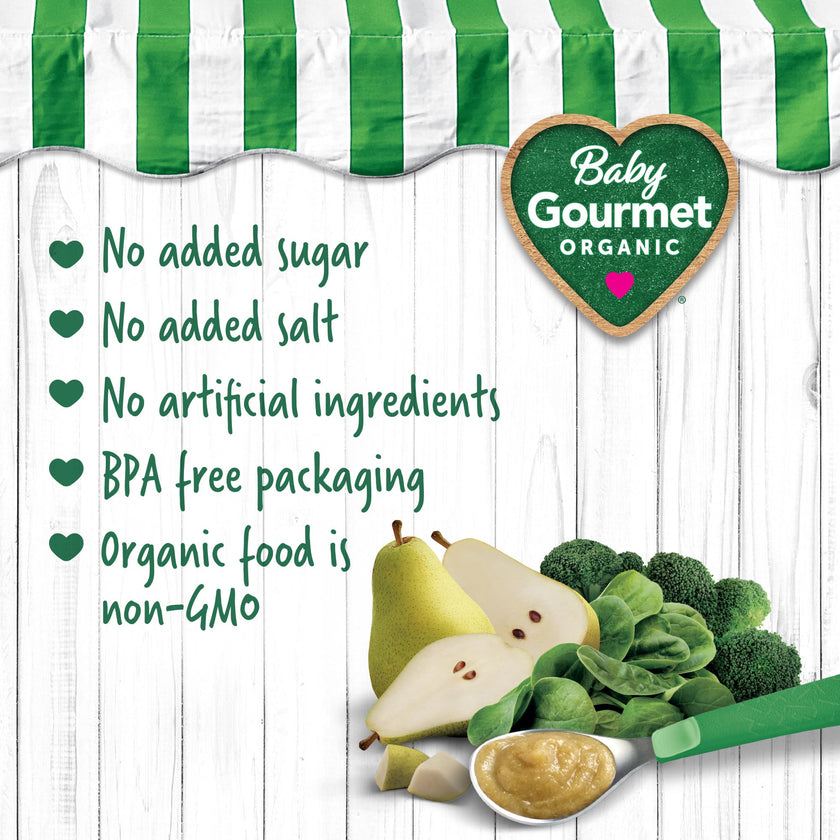 Baby Gourmet Juicy Pear & Garden Greens Purée, 12 × 128 mL Pouches | 6 Months+ | Organic Baby Food | No Added Sugar or Salt | Made in Canada 🍁 All In One Marketplace Canada