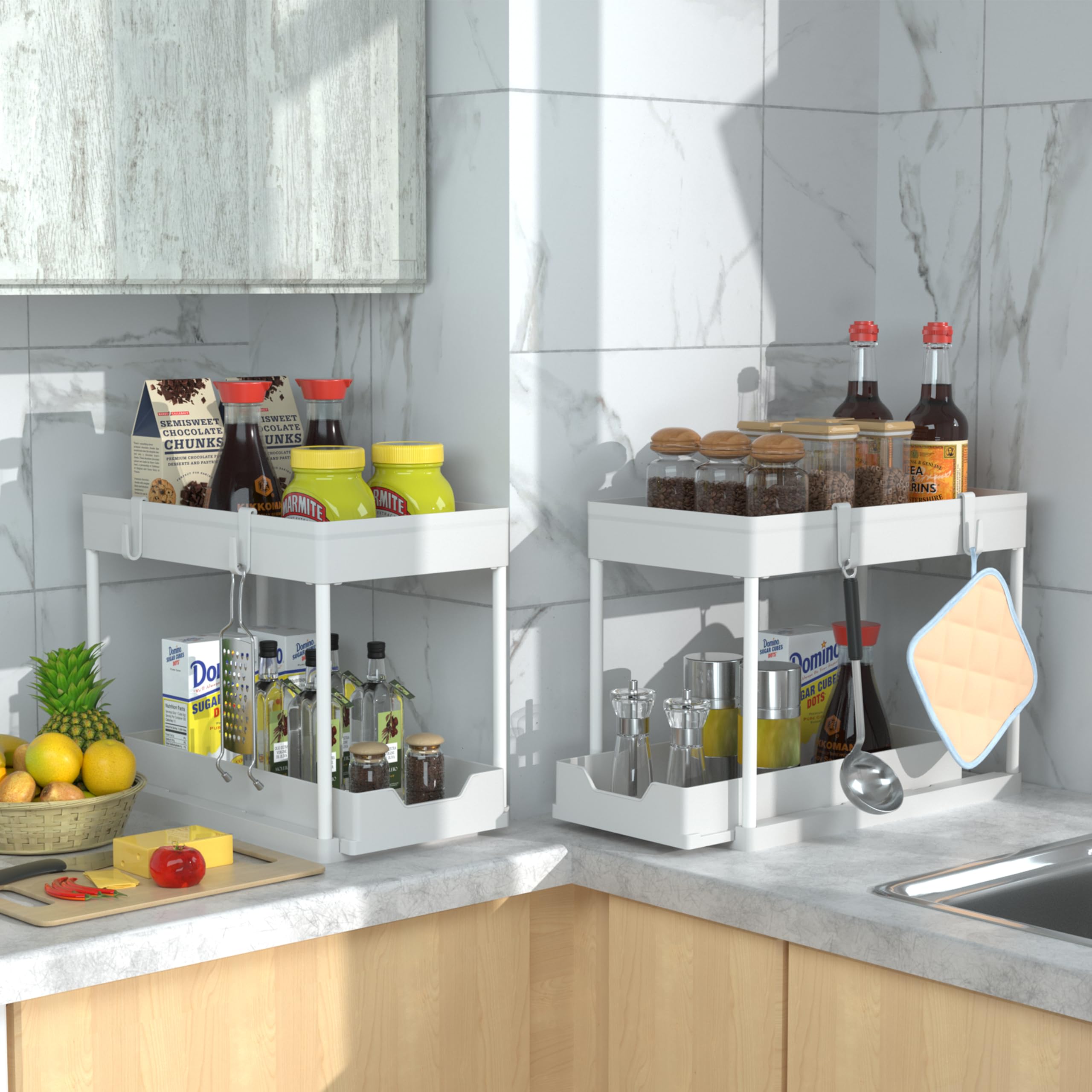 DEKAVA Under Sink Organizer 2 Pack, Bathroom Organizes, 2 Tier Sliding Cabinet Basket Organizer Drawer, Multi-Purpose Bath Collection Baskets for Bathroom (White) 🍁 All In One Marketplace Canada