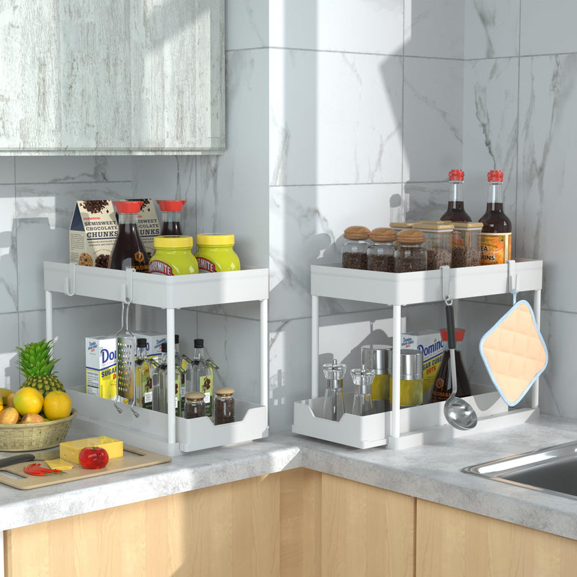 DEKAVA Under Sink Organizer 2 Pack, Bathroom Organizes, 2 Tier Sliding Cabinet Basket Organizer Drawer, Multi-Purpose Bath Collection Baskets for Bathroom (White) 🍁 All In One Marketplace Canada
