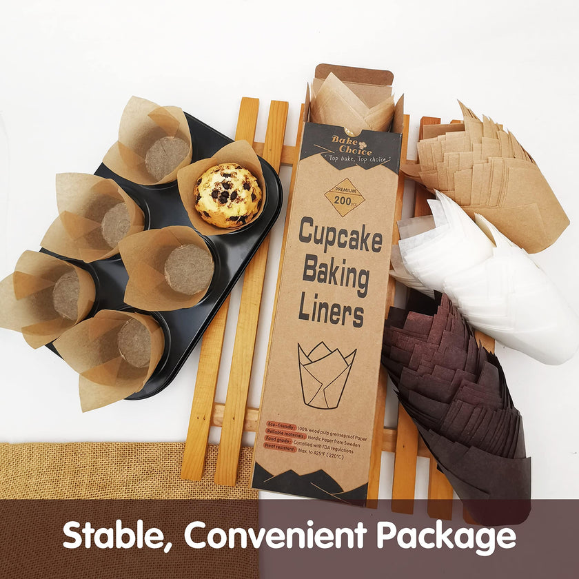 Bake Choice 200pcs Natural Tulip Cupcake Liners for Baking, Unbleached EU Muffin Liners, Parchment Paper Muffin Liners, Cupcake Liners, Tulip Muffin Liners for Party, Christmas 🍁 All In One Marketplace Canada