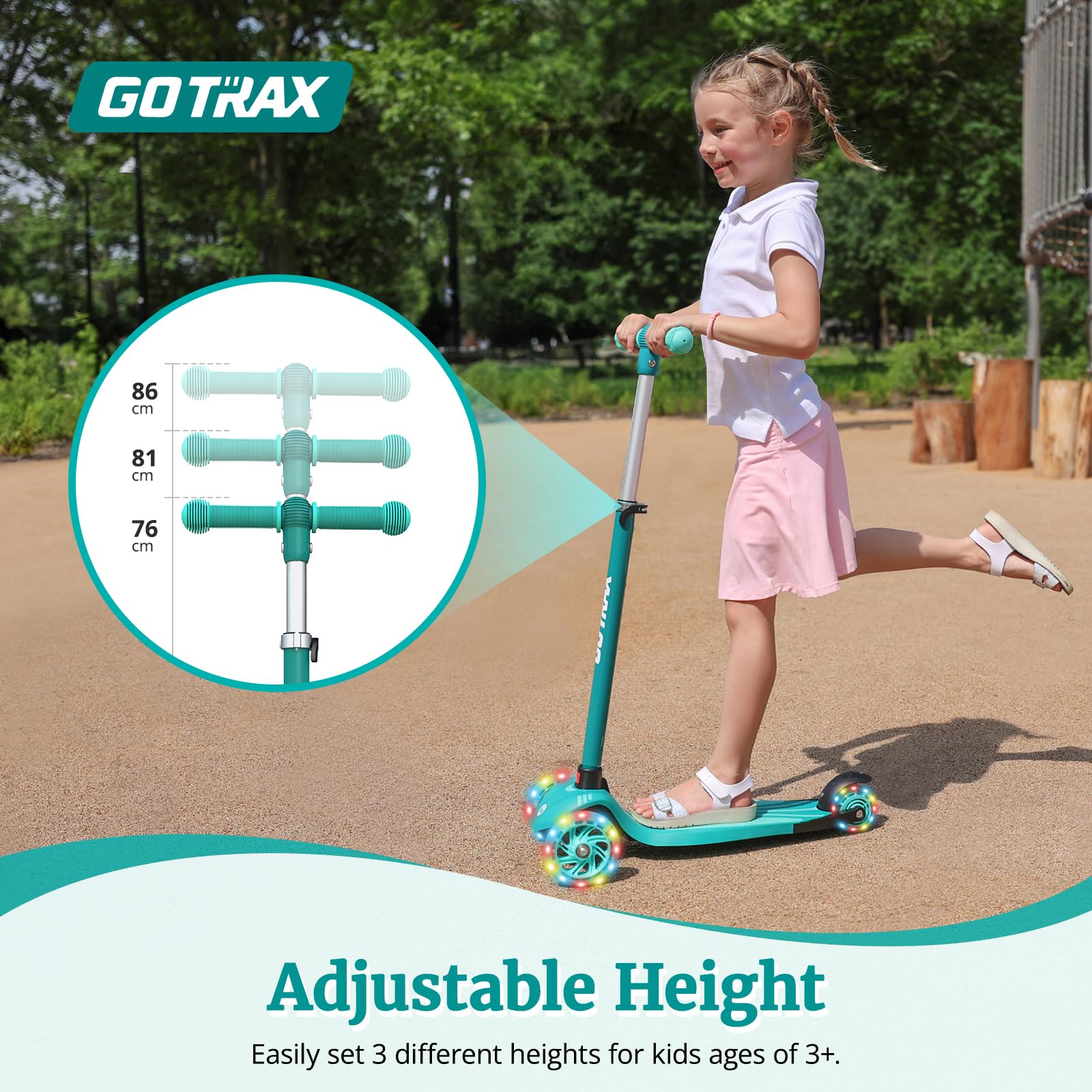 Gotrax KS1 Kids Kick Scooter, LED Lighted Wheels and 3 Adjustable Height Handlebars, Lean-to-Steer & Widen Anti-Slip Deck, 3 Wheel Scooter for Boys & Girls Ages 3+ and up to 100 Lbs (Green) 🍁 All In One Marketplace Canada