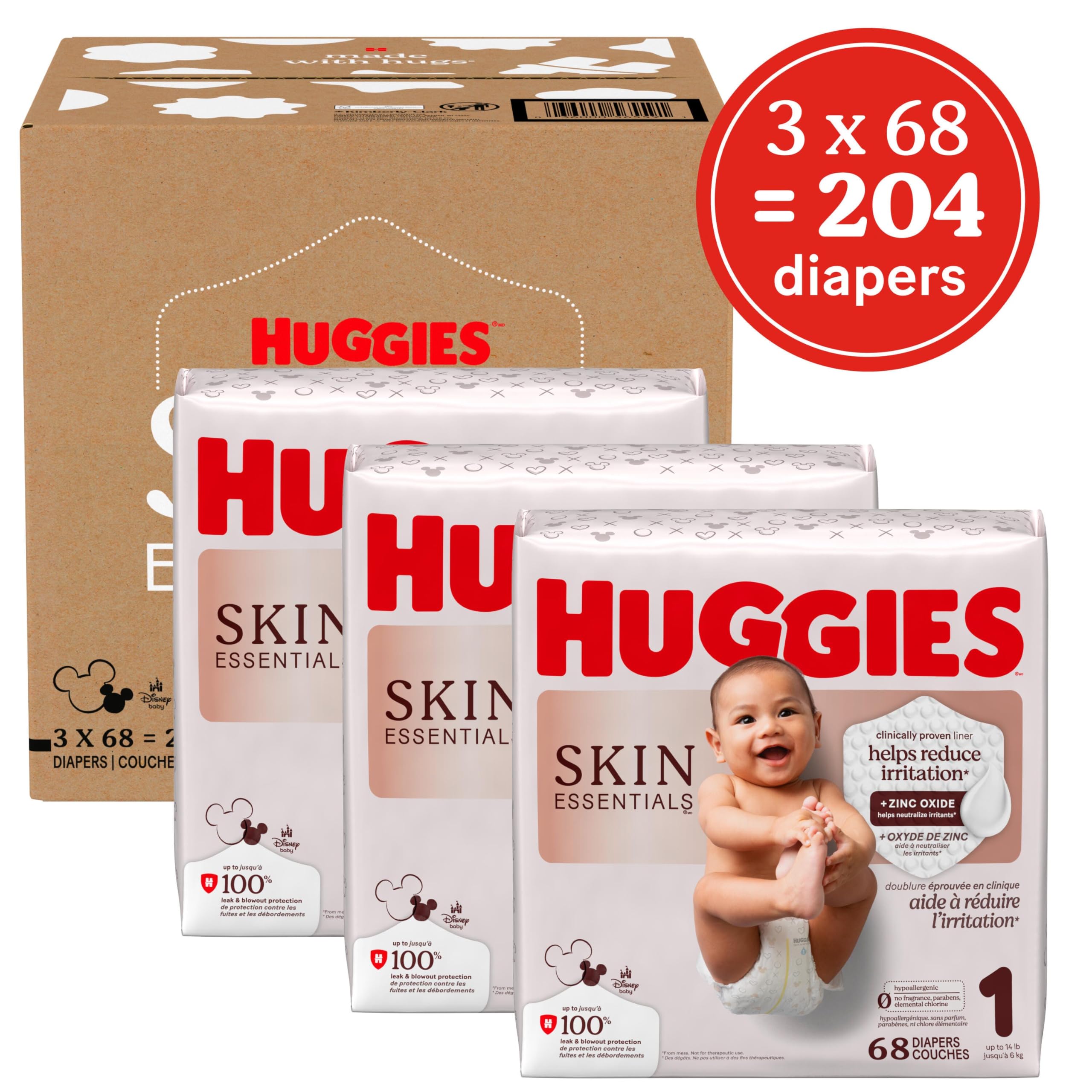 Huggies Size 1 Diapers, Skin Essentials Baby Diapers, Size 1 (8-14 lbs), 204 Count (3 Packs of 68), Packaging May Vary 🍁 All In One Marketplace Canada