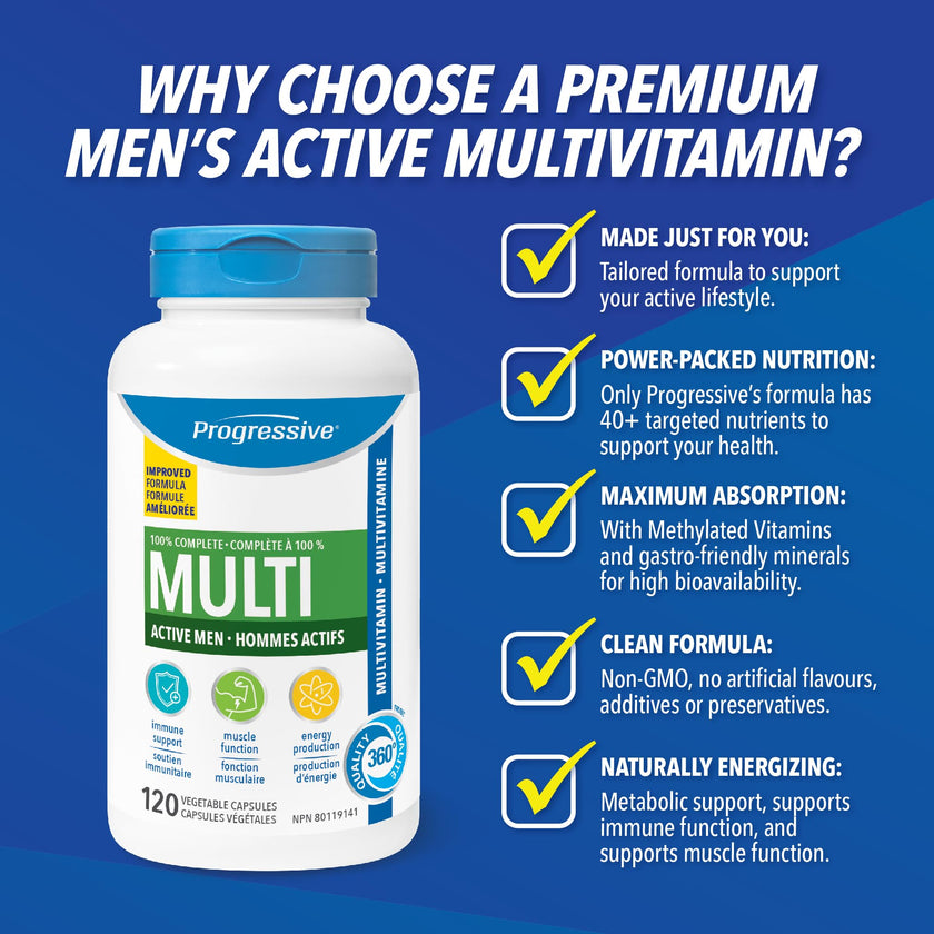 Progressive Advanced Daily Multivitamin for Active Men, with Quercetin, Maca, Ashwagandha, and Siberian Ginseng. Supports Immune Health, Muscle Function, and Energy, 100% Complete, Canadian-Made 120 Count 🍁 All In One Marketplace Canada