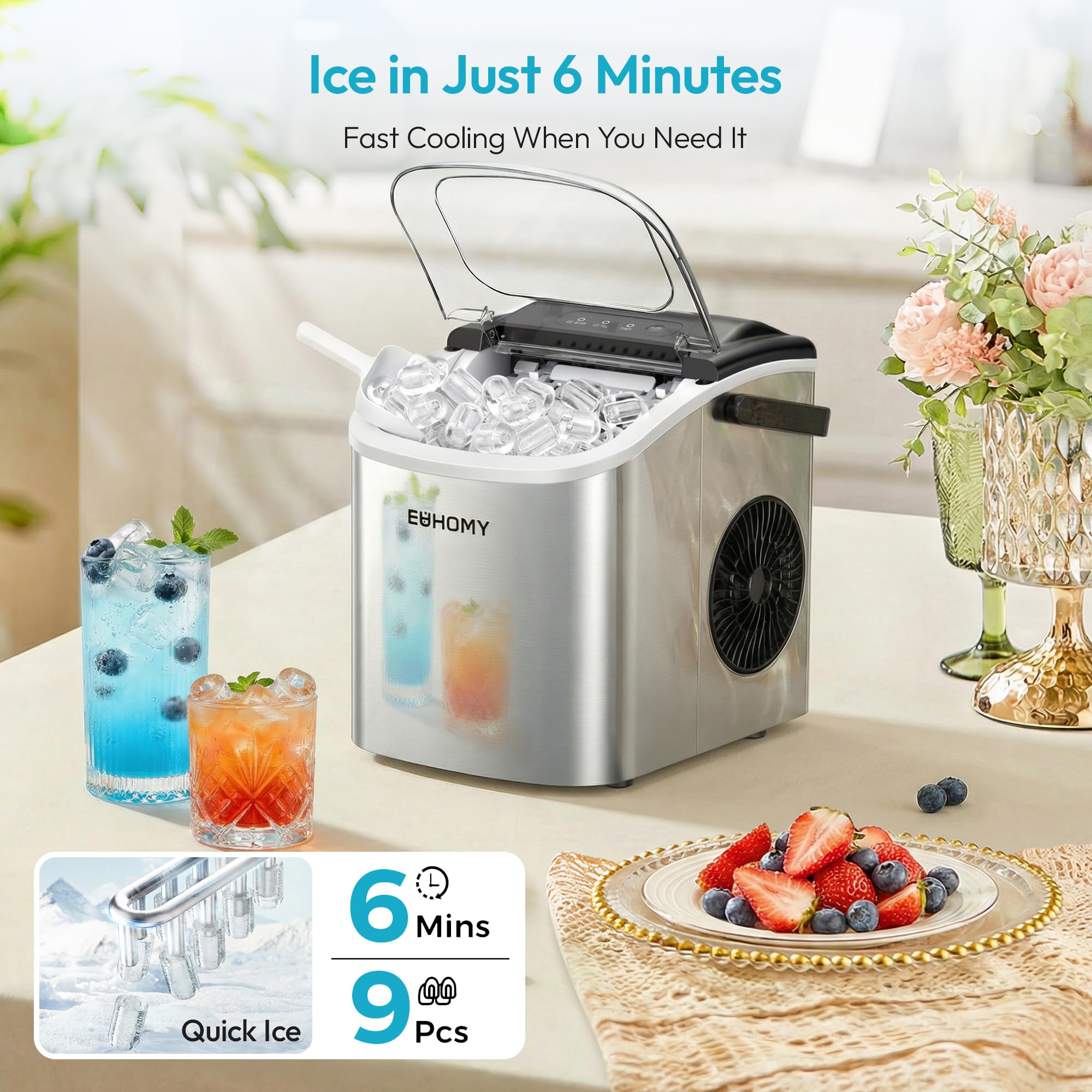 EUHOMY Countertop Ice Maker Machine with Handle, 26lbs Per Day, 9 Ice Cubes Ready in 6 Mins, Auto-Cleaning Portable Ice Maker with Basket and Scoop, for Home/Kitchen/Camping/RV (Silver) 🍁 All In One Marketplace Canada