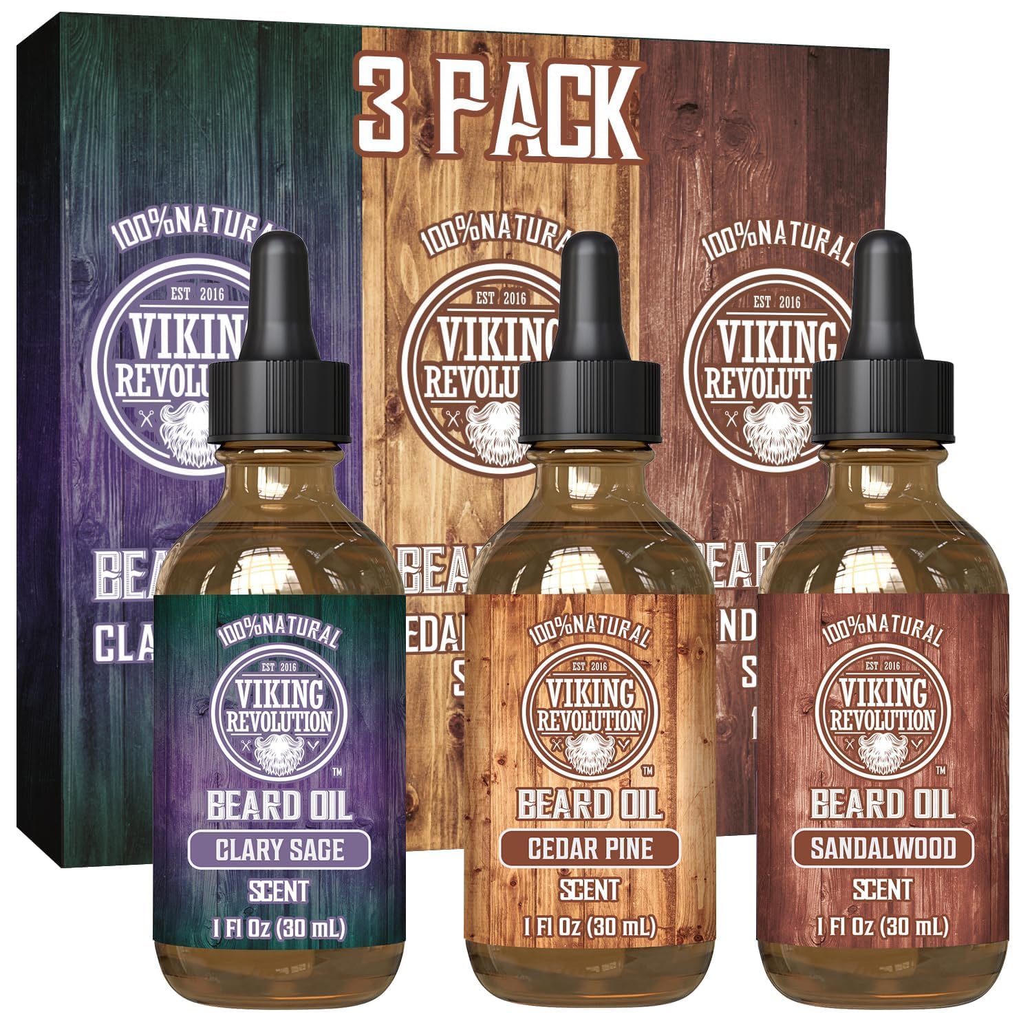 Viking Revolution - Beard Oil - All Natural Variety Sandalwood, Pine & Cedar, Clary Sage - Gifts For Men - Conditioning and Moisturizing - Valentines Day Gift for Him - 3 x 30 ml 🍁 All In One Marketplace Canada