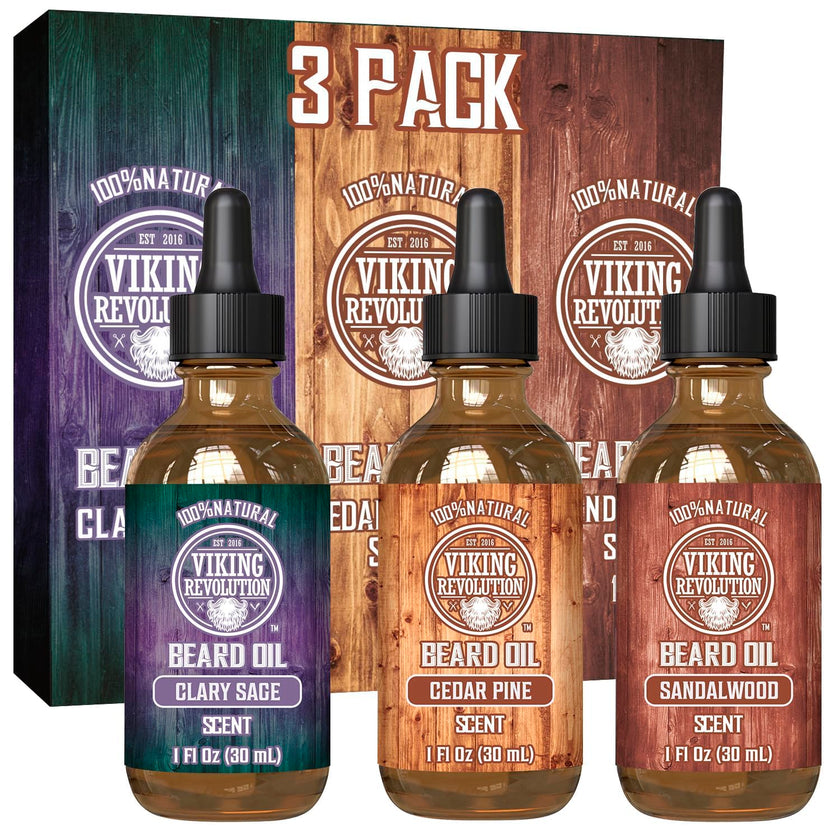 Viking Revolution - Beard Oil - All Natural Variety Sandalwood, Pine & Cedar, Clary Sage - Gifts For Men - Conditioning and Moisturizing - Valentines Day Gift for Him - 3 x 30 ml 🍁 All In One Marketplace Canada