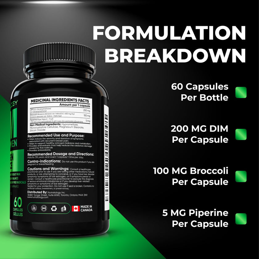 Nutratology® DIM Supplement For Women | Canadian-Made | Promotes Estrogen Balance & Metabolism - 200MG Per Capsule - Estrogen Supplements For Women | W/Black Pepper For Enhanced Absorption - 60 Caps 🍁 All In One Marketplace Canada