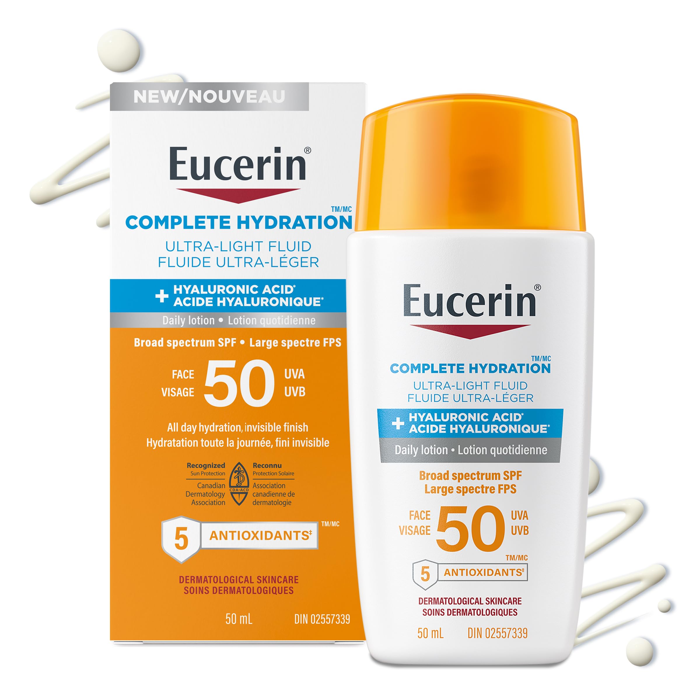 Eucerin Complete Hydration Ultra-Light Fluid Sunscreen, Daily Face Sunscreen SPF 50 With Hyaluronic Acid, Body SPF 50 Lotion with UVA-UVB Sun Protection, Fragrance Free & Non Greasy, 50 ml 🍁 All In One Marketplace Canada