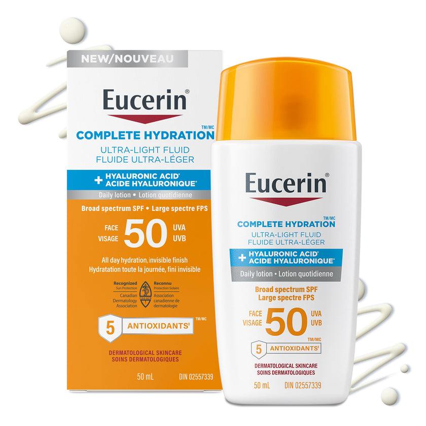 Eucerin Complete Hydration Ultra-Light Fluid Sunscreen, Daily Face Sunscreen SPF 50 With Hyaluronic Acid, Body SPF 50 Lotion with UVA-UVB Sun Protection, Fragrance Free & Non Greasy, 50 ml 🍁 All In One Marketplace Canada