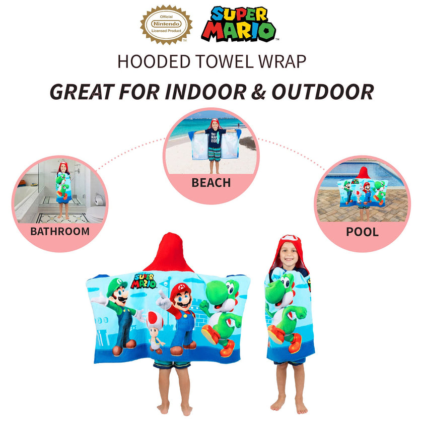 Franco Kids Bath and Beach Super Soft Cotton Hooded Towel Wrap, 24 in x 50 in, Super Mario 🍁 All In One Marketplace Canada