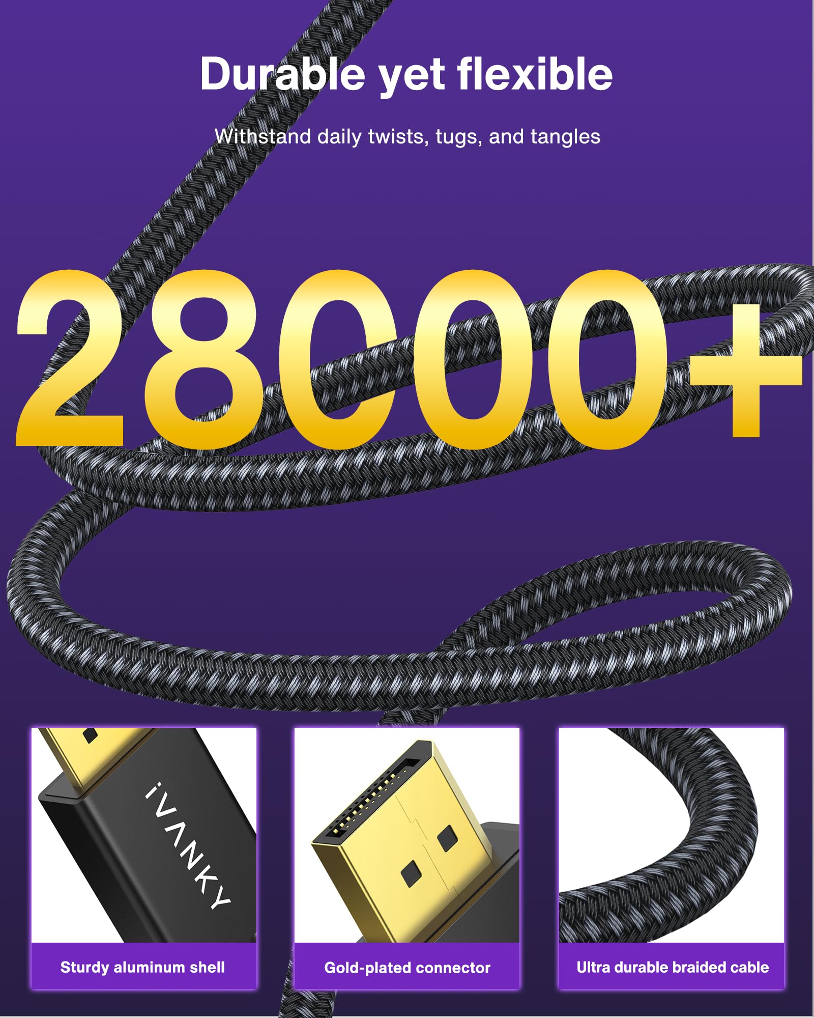 VESA Certified DisplayPort Cable 1.4, iVANKY 8K DP Cable 6.6ft (8K@60Hz, 4K@144Hz, 2K@240Hz)HBR3 Support 32.4Gbps, HDR, HDCP 2.2, FreeSync G-Sync, Braided Display Port for Gaming Monitor, Graphics, PC 🍁 All In One Marketplace Canada