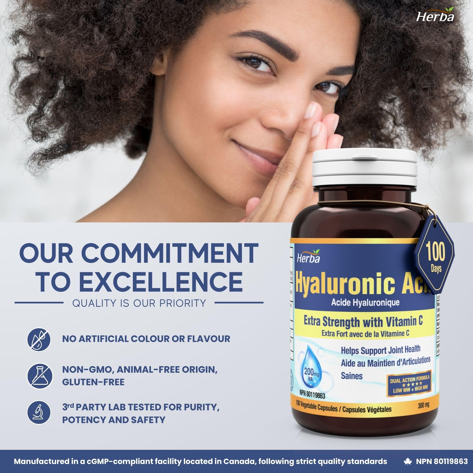 Herba Hyaluronic Acid Supplement 200mg - 100 Capsules | 100% Purity Hyaluronic Acid Capsules with Vitamin C to Support Joint and Bone Health | Made in Canada 🍁 All In One Marketplace Canada