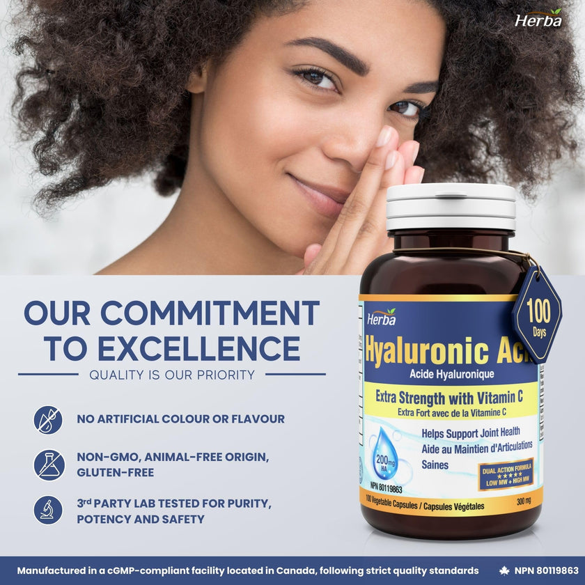 Herba Hyaluronic Acid Supplement 200mg - 100 Capsules | 100% Purity Hyaluronic Acid Capsules with Vitamin C to Support Joint and Bone Health | Made in Canada 🍁 All In One Marketplace Canada