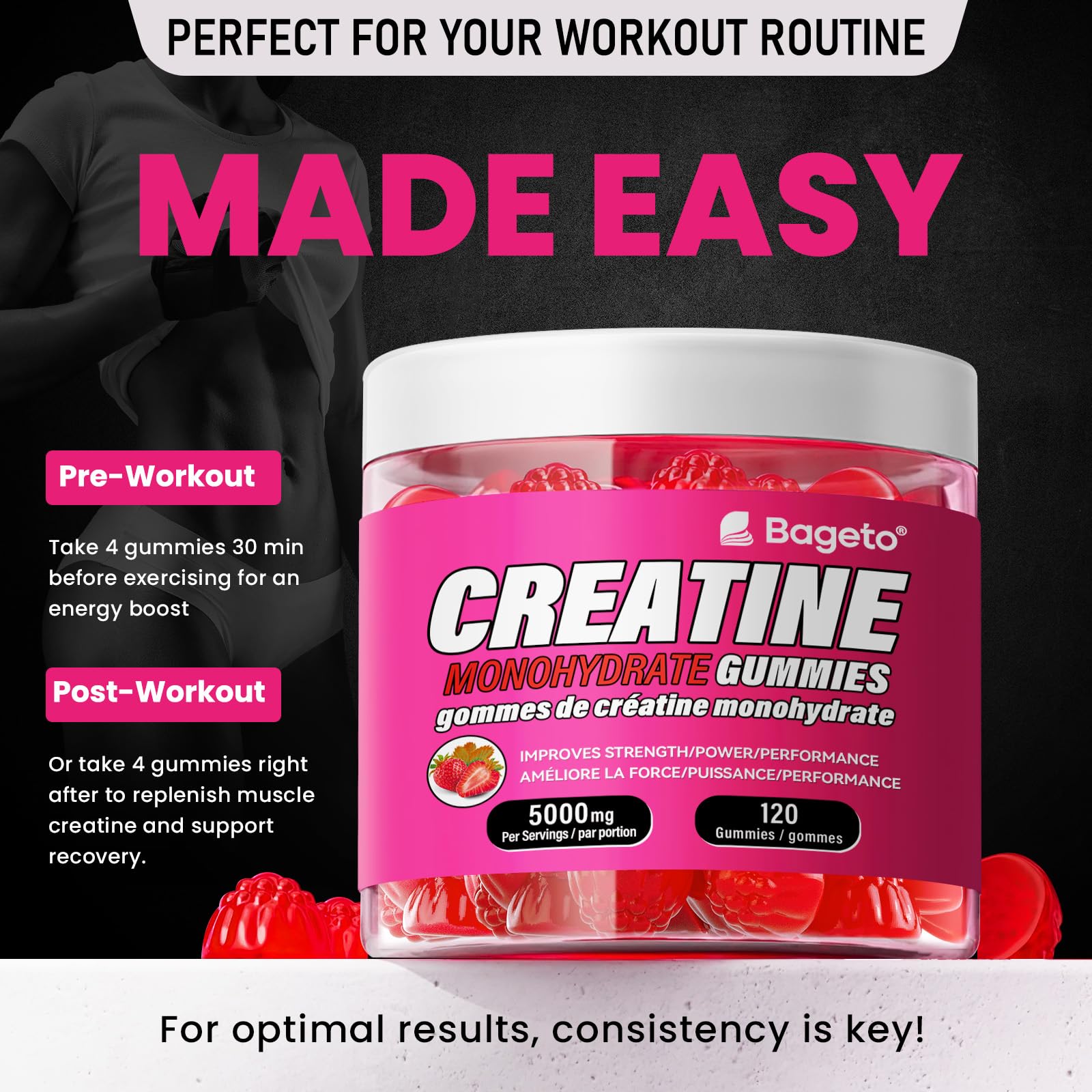Creatine Monohydrate Gummies 5000mg for Men & Women, Gomitas de Creatina 5g Creatine Monohydrate, 0g Sugar Creatine Pre-Workout for Muscle Strength, Vegan, 120 Count Strawberry (Pack of 1) 🍁 All In One Marketplace Canada