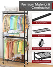 Sakugi Clothing Rack - Coat Rack with Shelves & Wheels, Multi-Functional Clothes Rack with Hooks, Sturdy Metal Garment Shelf for Bedroom, Laundry, Balcony, 84W × 31D × 202H cm, Black 🍁 All In One Marketplace Canada