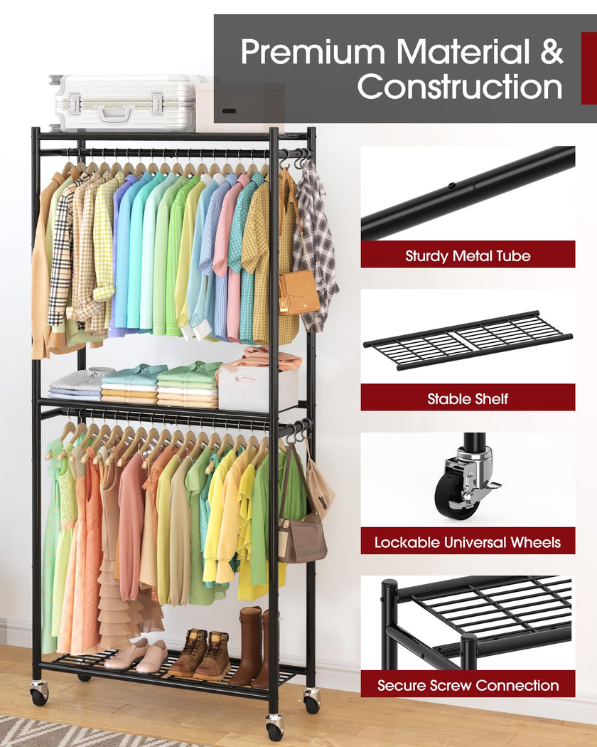 Sakugi Clothing Rack - Coat Rack with Shelves & Wheels, Multi-Functional Clothes Rack with Hooks, Sturdy Metal Garment Shelf for Bedroom, Laundry, Balcony, 84W × 31D × 202H cm, Black 🍁 All In One Marketplace Canada