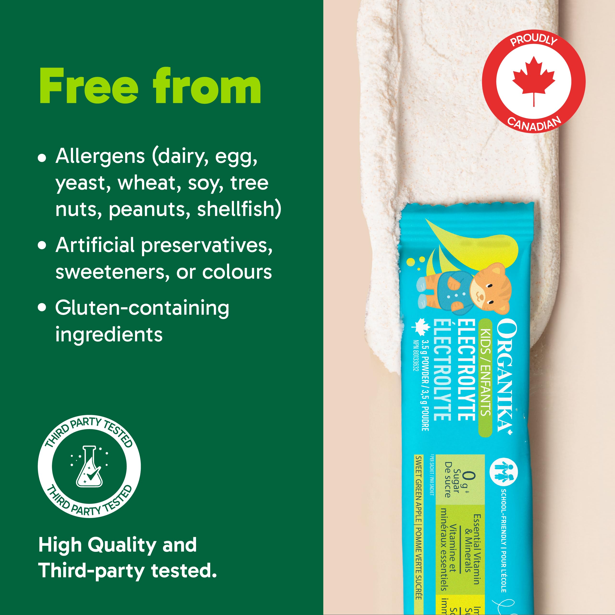 Organika Kids Electrolytes Powder Sticks - Sugar-Free Hydration + Immune support with 100% of daily Vitamin C, Minerals and Prebiotic Fibre | Green Apple Flavour - 3.5g x 20 sachets 🍁 All In One Marketplace Canada