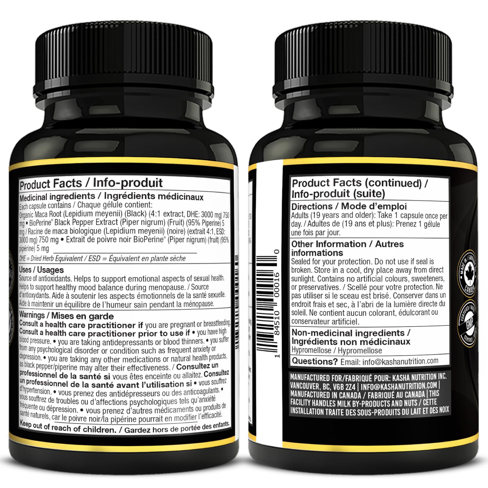 Organic Black Maca for Men & Women DHE 3000mg (Industry Strongest) with 5mg Bioperine per Capsule - Organic Gelatinized Maca for all Genders | 750 mg 4:1 Extract Maca Root / Maca Powder | Proudly Canadian | 4 Month Supply, Non-GMO, Vegan, Gluten Free, Soy