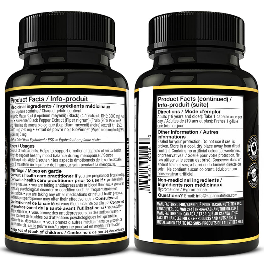 Organic Black Maca for Men & Women DHE 3000mg (Industry Strongest) with 5mg Bioperine per Capsule - Organic Gelatinized Maca for all Genders | 750 mg 4:1 Extract Maca Root / Maca Powder | Proudly Canadian | 4 Month Supply, Non-GMO, Vegan, Gluten Free, Soy
