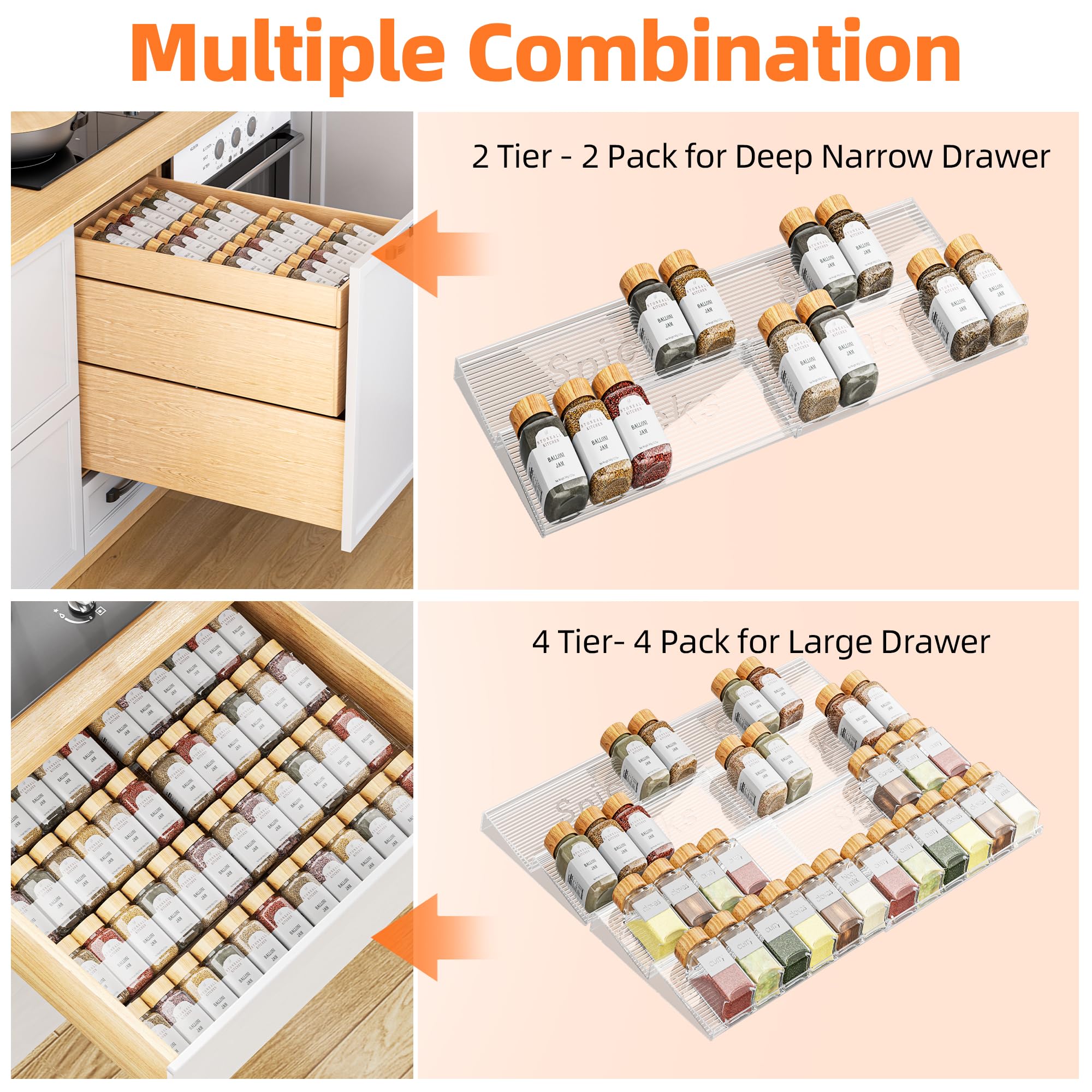PanPanPal Spice Drawer Organizer, 4 Tier- 4 Pack Clear Acrylic Drawer Seasoning Organizer, Expandable From 11'' to 22'' Kitchen Spice Rack Organizers and Storage for Drawer (Jars not included) 🍁 All In One Marketplace Canada