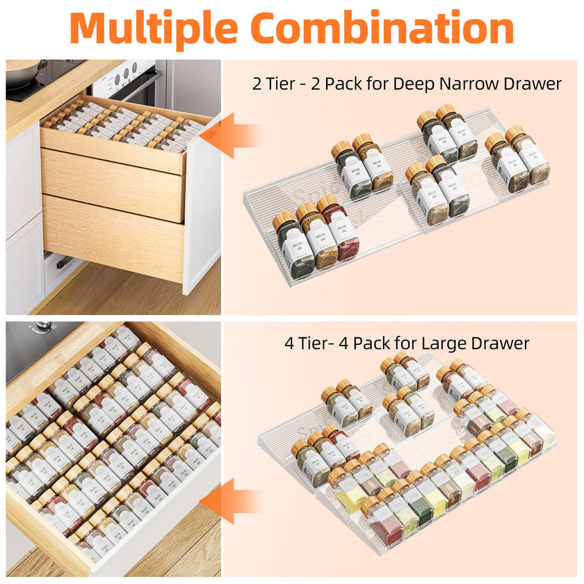 PanPanPal Spice Drawer Organizer, 4 Tier- 4 Pack Clear Acrylic Drawer Seasoning Organizer, Expandable From 11'' to 22'' Kitchen Spice Rack Organizers and Storage for Drawer (Jars not included) 🍁 All In One Marketplace Canada