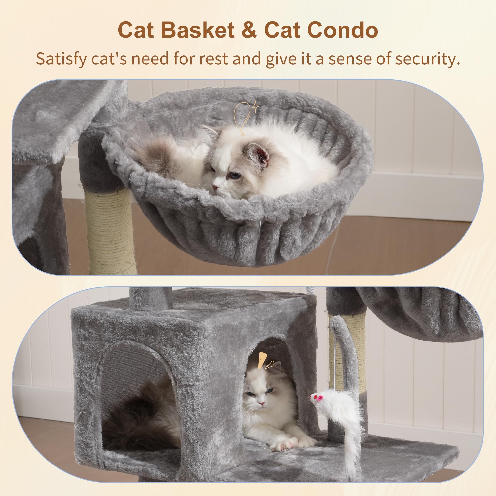 Heybly Cat Tree with Toy, Cat Tower condo for Indoor Cats, Cat House with Padded Plush Perch, Cozy Hammock and Sisal Scratching Posts, Light Gray S HCT004SW 🍁 All In One Marketplace Canada