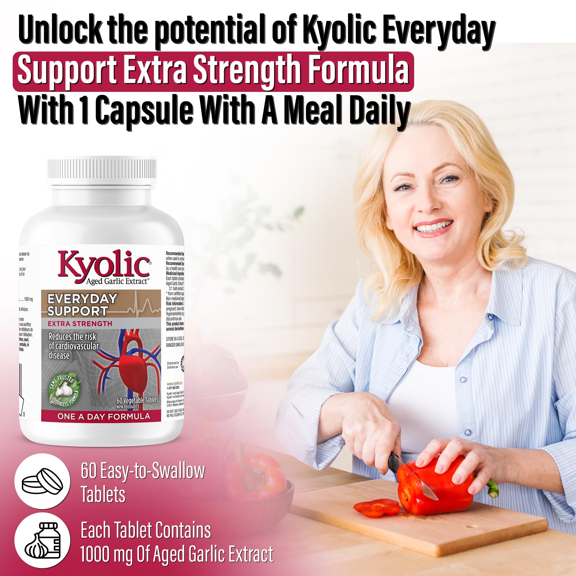Kyolic - Odourless Aged Garlic Extract Everyday Support Extra Strength One-A-Day 1000mg, 60 Veg Tablets 60-Day Supply - Kyolic Garlic Supplements, Garlic Pills - Herbal Supplement for Wellness Support 🍁 All In One Marketplace Canada