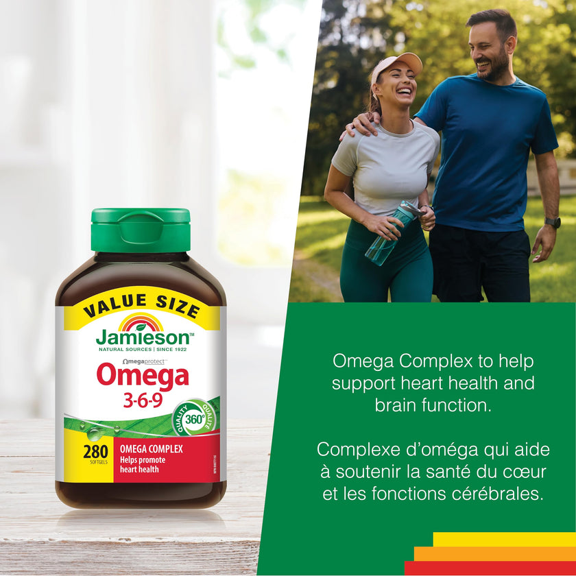 Jamieson Omega 3-6-9 Softgels, Value Size, with Fish Oil, Borage Oil, Flaxseed Oil, Providing EPA, DHA, and ALA. Supports Heart and Brain Health, 280 Count, Proudly Canadian 🍁 All In One Marketplace Canada