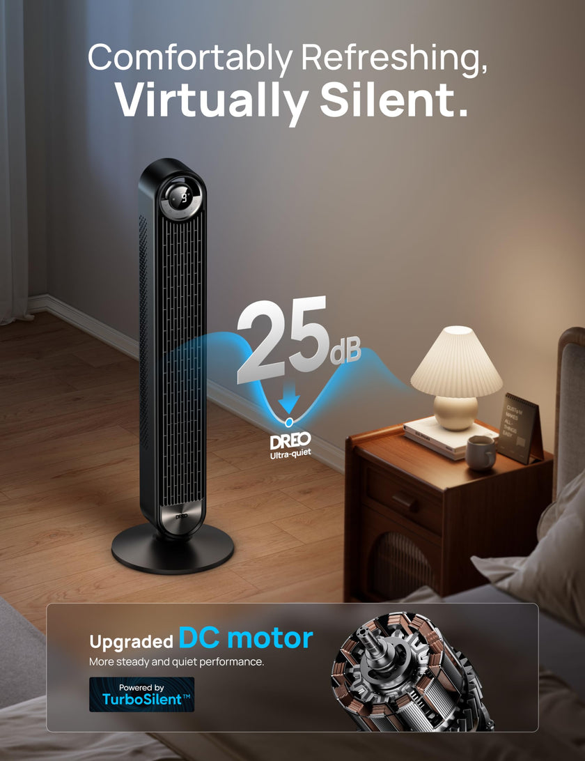 DREO Smart Tower Fan for Bedroom, Upgraded DC 9 Speeds 20dB Ultra-Quiet Floor Fan, 90° Oscillating Fans with 28ft/s Velocity, 12H Timer, Standing Fan, Bladeless Fan Powerful for Home Office Room 🍁 All In One Marketplace Canada