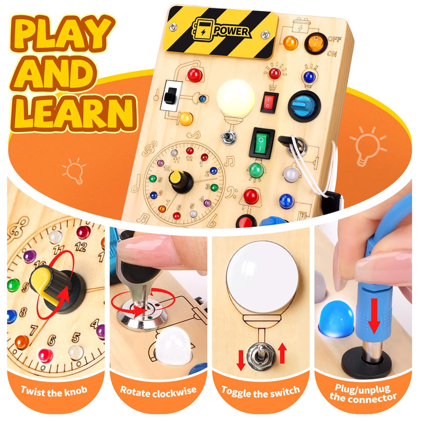 Busy Board Plus Version with 23 LED Lights, Montessori Sensory Fidget Toys for Toddlers 1-3, Wooden Educational Activity for Fine Motor Skills, Quiet Airplane Travel Must Haves for 1 2 3+ Year Old 🍁 All In One Marketplace Canada