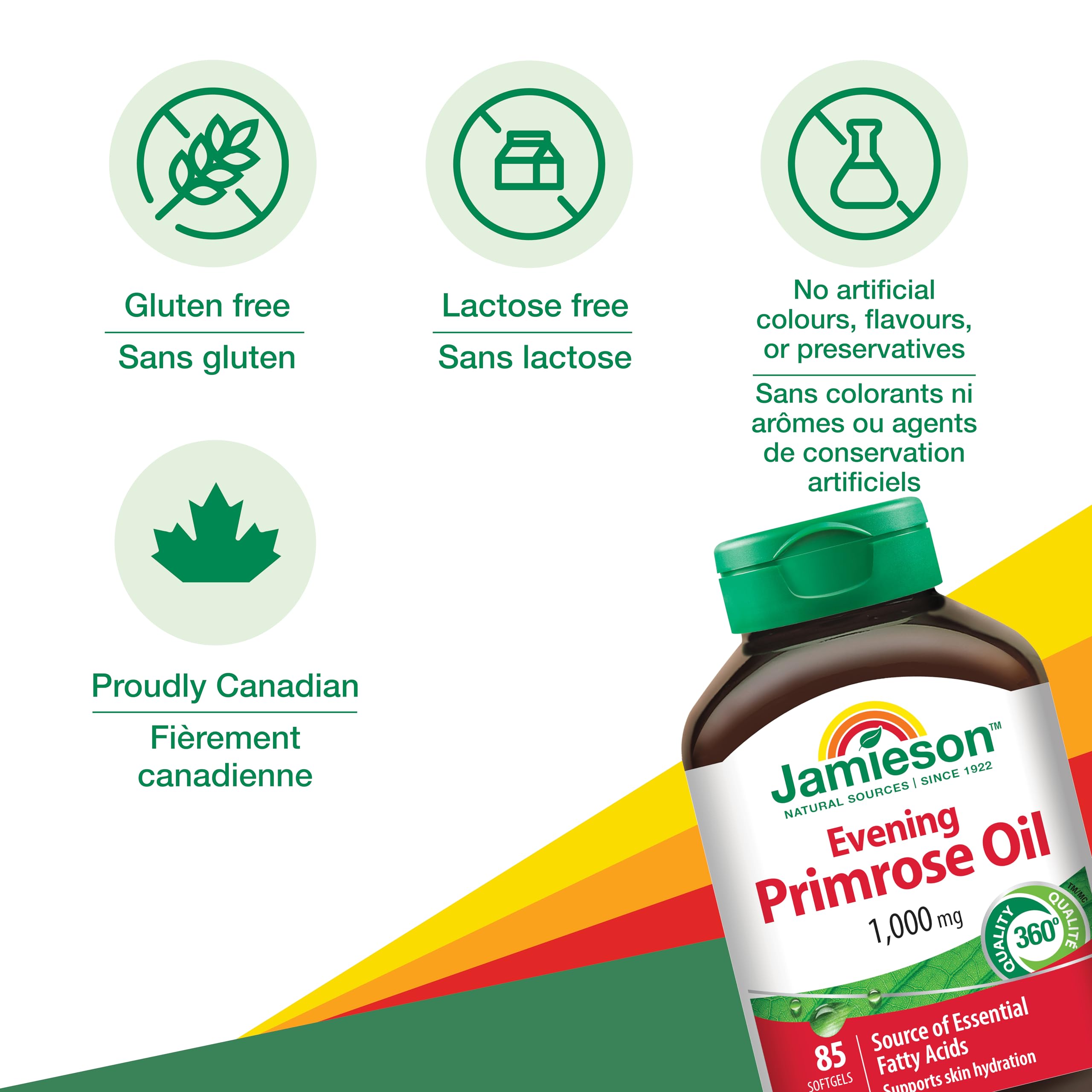 Jamieson Evening Primrose Oil 1,000 mg, Omega-6, Supports Skin Hydration, Skin Smoothness, Reduces Acne Symptoms, and Provides Ezcema Symptom Support. Non-GMO, Gluten-Free, 85 Softgels, Proudly Canadian 🍁 All In One Marketplace Canada