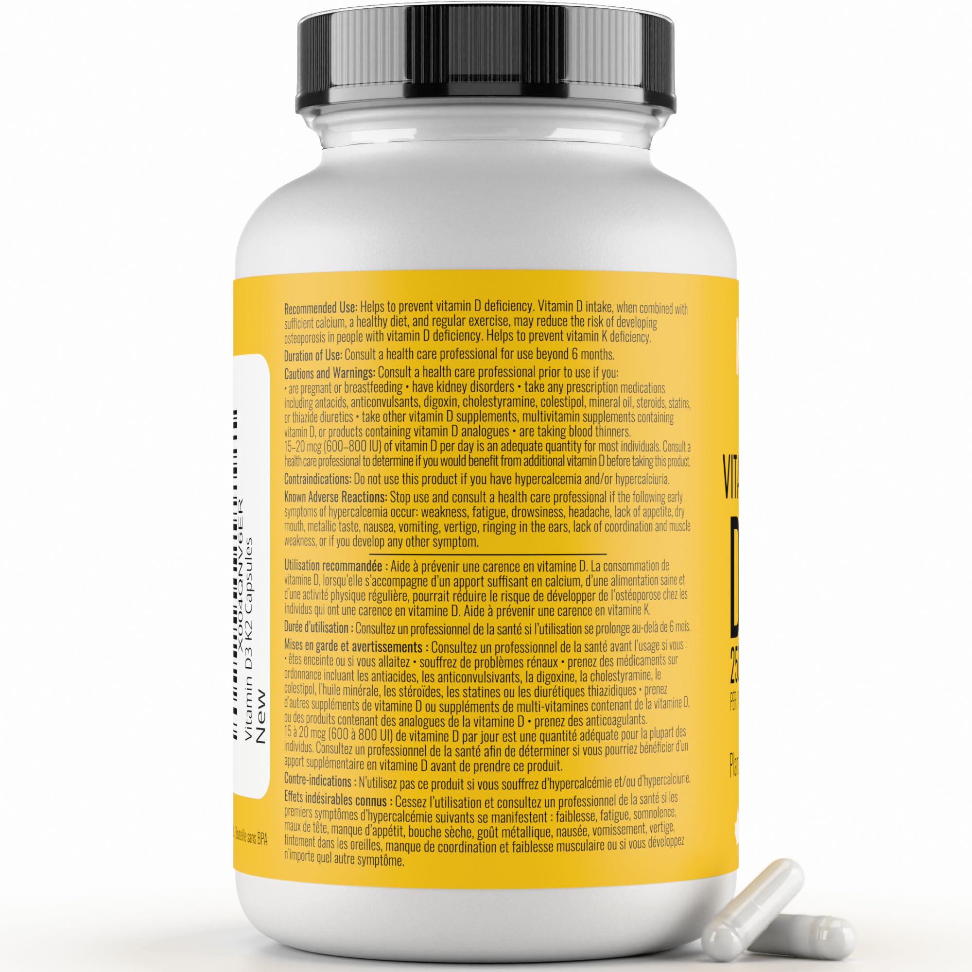Vitamin D3 K2 Supplement - 2500 IU D3, 120 mcg K2 MK7 x 124 Capsules - Plant-Based, Vegan - Prevents Deficiency, Supports Bone Health in Women and Men - Made in Canada, Third-Party Tested - Nutritionn 🍁 All In One Marketplace Canada