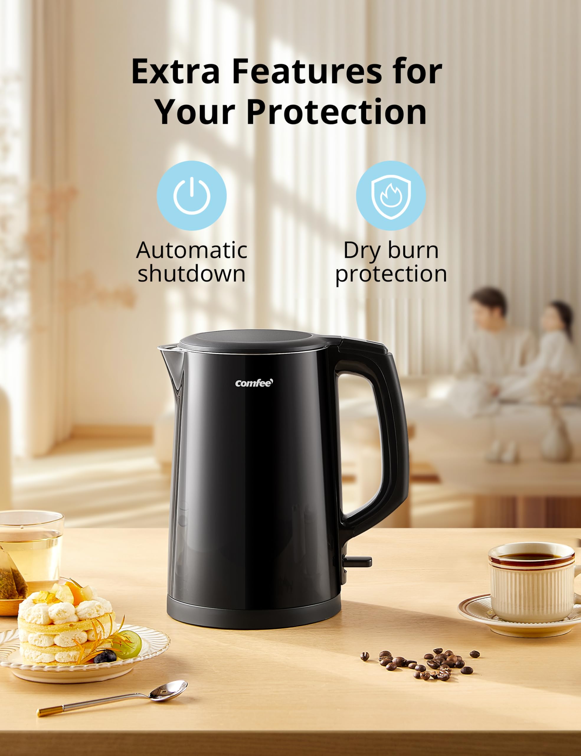COMFEE' Electric Kettle and Tea Kettle, 1.5L Double Wall, Stainless Steel Interior, Lid & Spout, Fast Boil, Auto-Off, and Boil-Dry Protection, 1500W 🍁 All In One Marketplace Canada