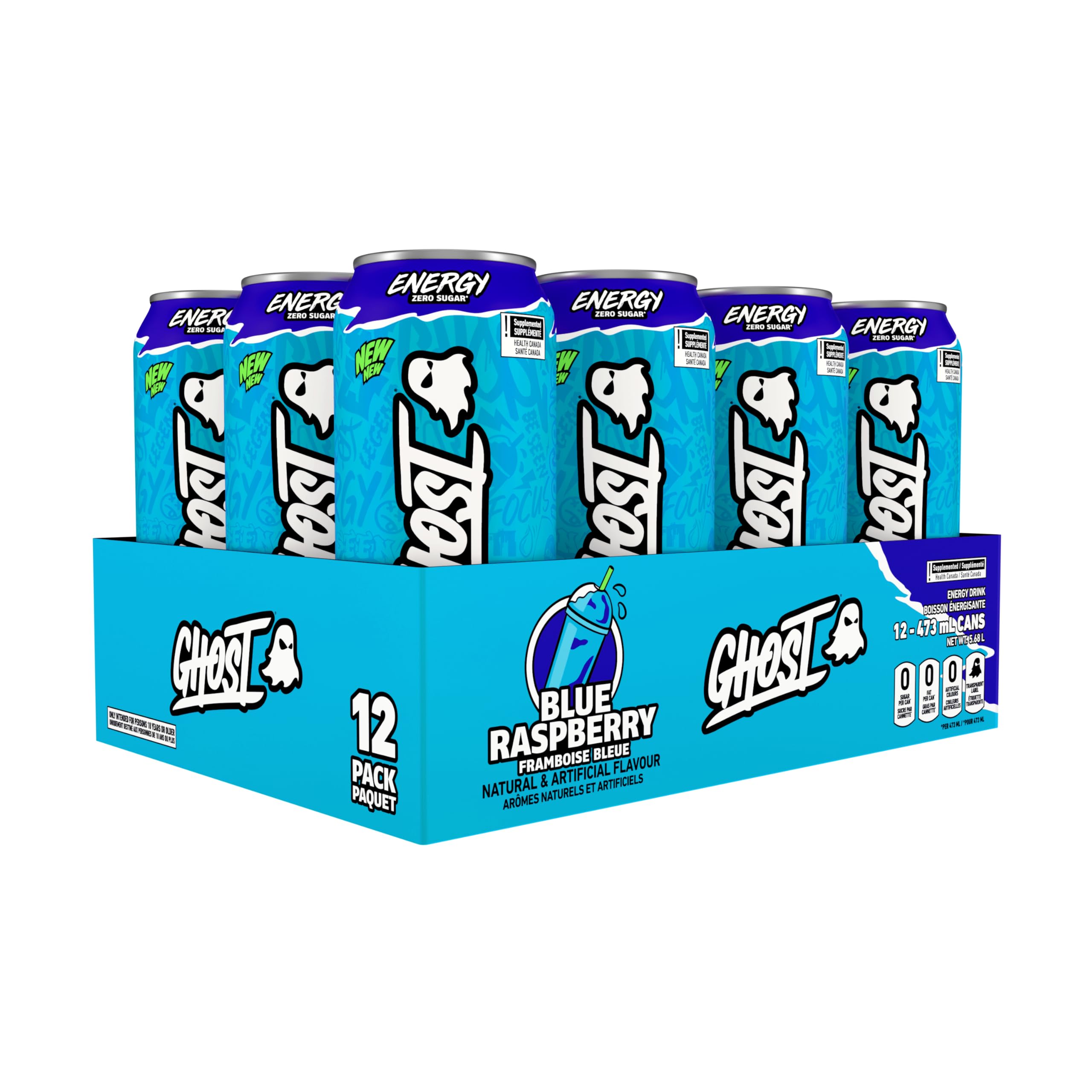 Ghost Energy Drink, Blue Raspberry, Pack of 12 Cans 🍁 All In One Marketplace Canada