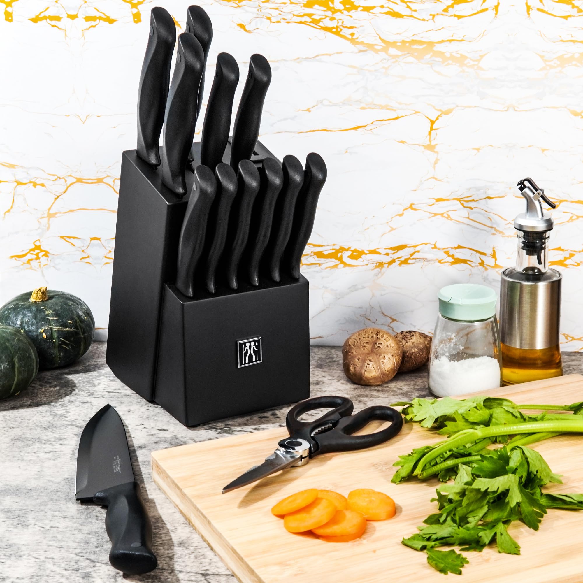 HUNTER.DUAL Knife Set, Dishwasher Safe Kitchen Knife Set with Block, 15 Pcs Black Kitchen Knife Sets with Block Self Sharpening, 6 Steak Knives, Black 🍁 All In One Marketplace Canada