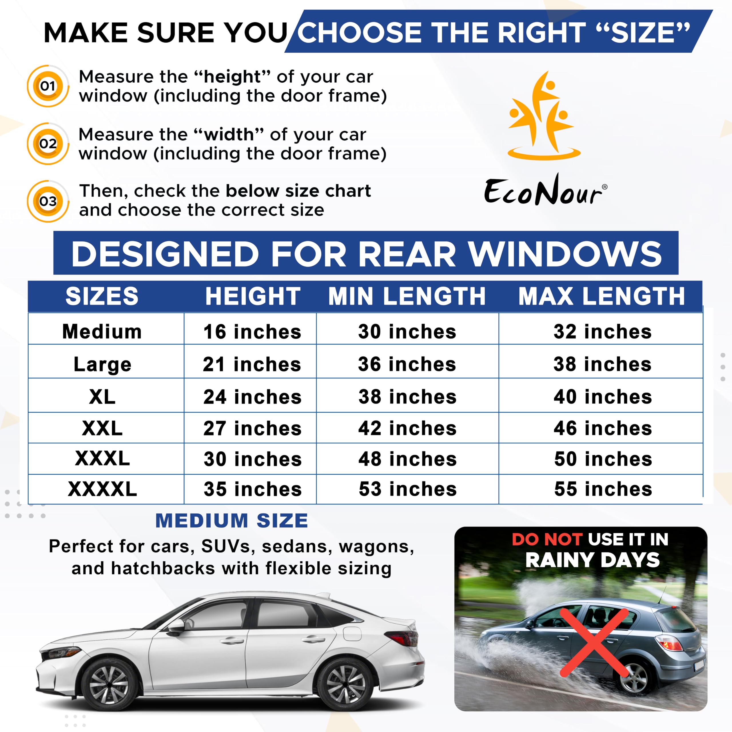 EcoNour Car Window Shade | 100% Protection from Bugs, UV and Car Mosquito Net for Camping | Breathable Mesh Baby Car Window Covers for Privacy Blackout | Pack of 2 (Medium 36