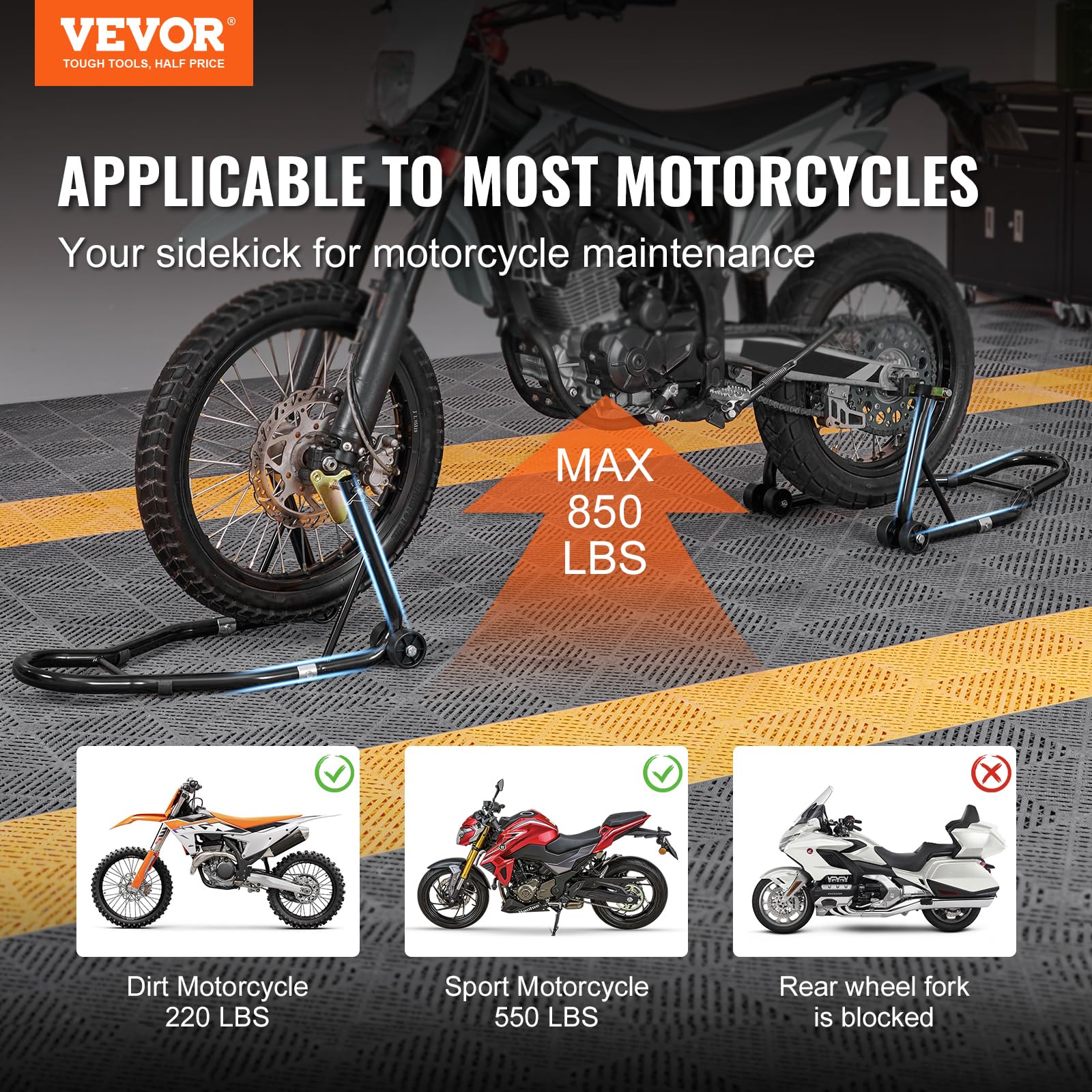 VEVOR Motorcycle Stand Lift, 850lbs Front Rear Combo Stand Lift Stand, Front and Rear Wheel Fork Stand, U+L Fork Swingarm Spool, Compatible with Most Yamaha Honda Kawasaki Suzuki Motorcycles, Black 🍁 All In One Marketplace Canada