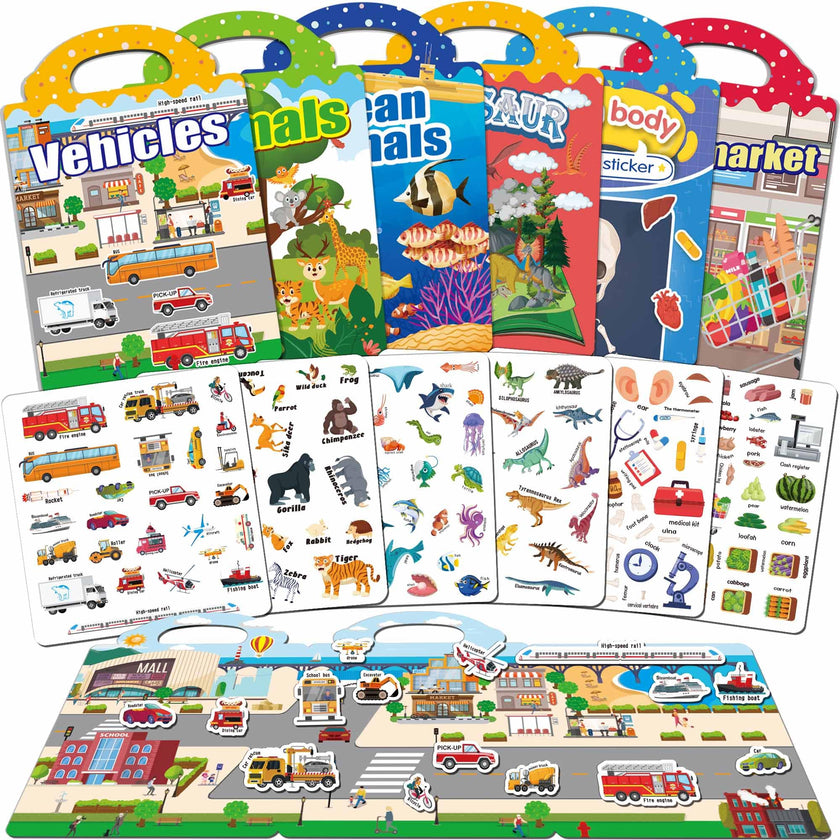 iGetooy Reusable Sticker Book, 6 Sets Sticker Book for Kids, Jelly Stickers for Kids, Vehicles, Animals, Ocean, Dinosaurs, Supermarket, Human Body 🍁 All In One Marketplace Canada
