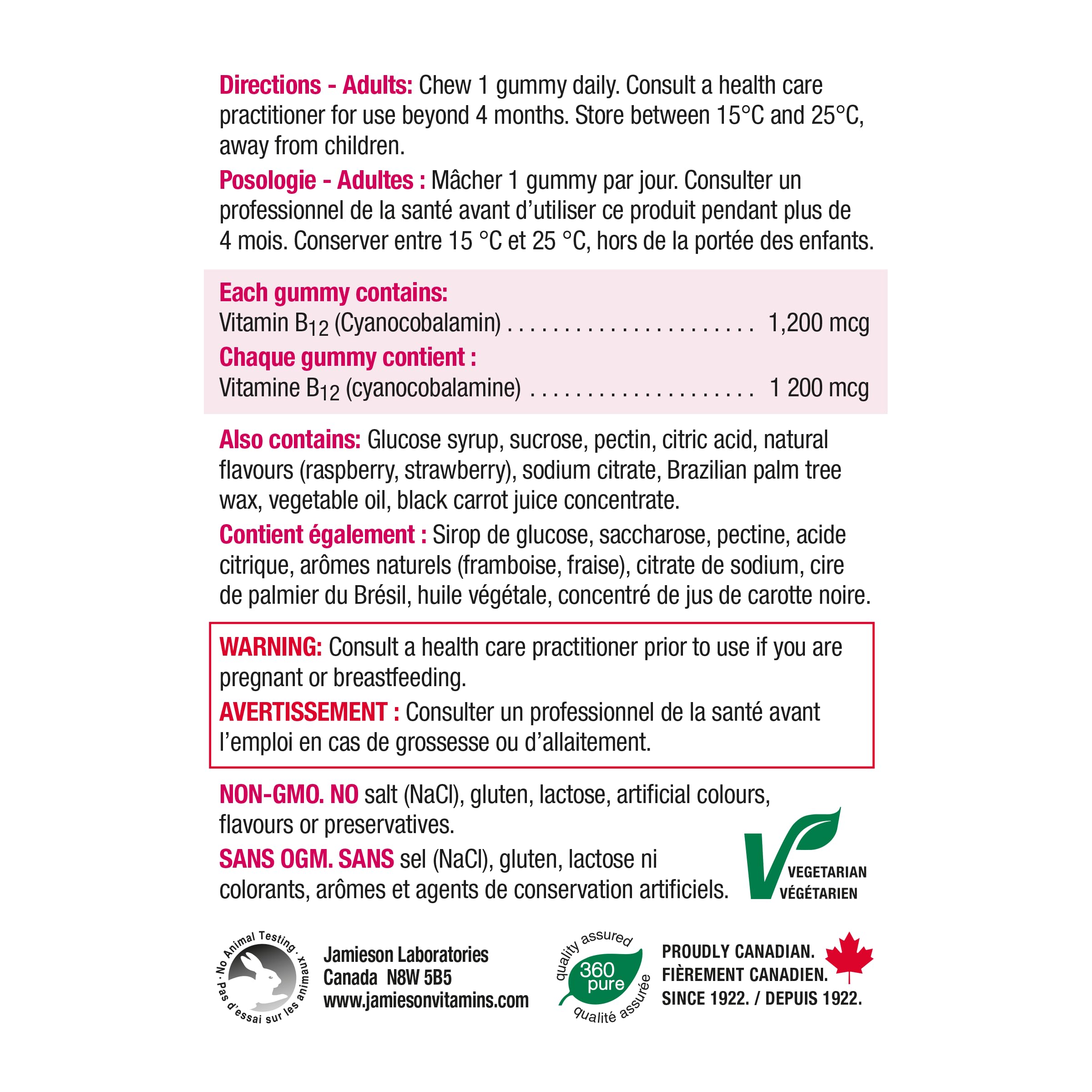 Jamieson Vitamin B12 1,200 mcg Gummies Natural Raspberry Flavour, Naturally Energizing, and Supports Metabolism. Vegetarian, Non-GMO, Gluten-Free, No Artificial Flavours, Colours, or Preservatives, 70 Count, Proudly Canadian