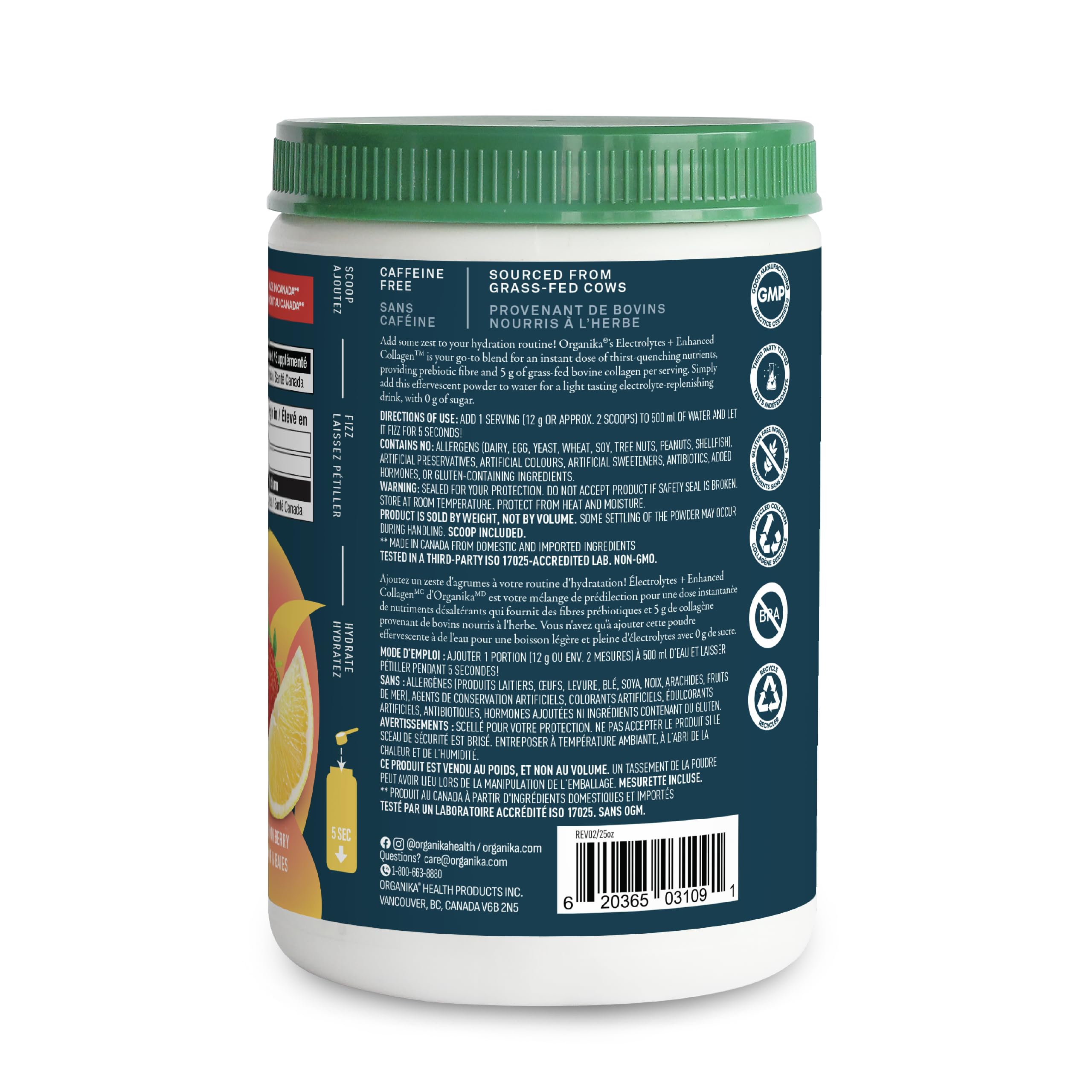 Organika Canadian-Made Electrolytes + Enhanced Collagen - Daily Hydration Powder with 5g of Collagen for Hair, Skin and Nails, 100% of Daily Vitamin C, Zesty Lemon Berry Flavour, 360 g, 30 Servings 🍁 All In One Marketplace Canada
