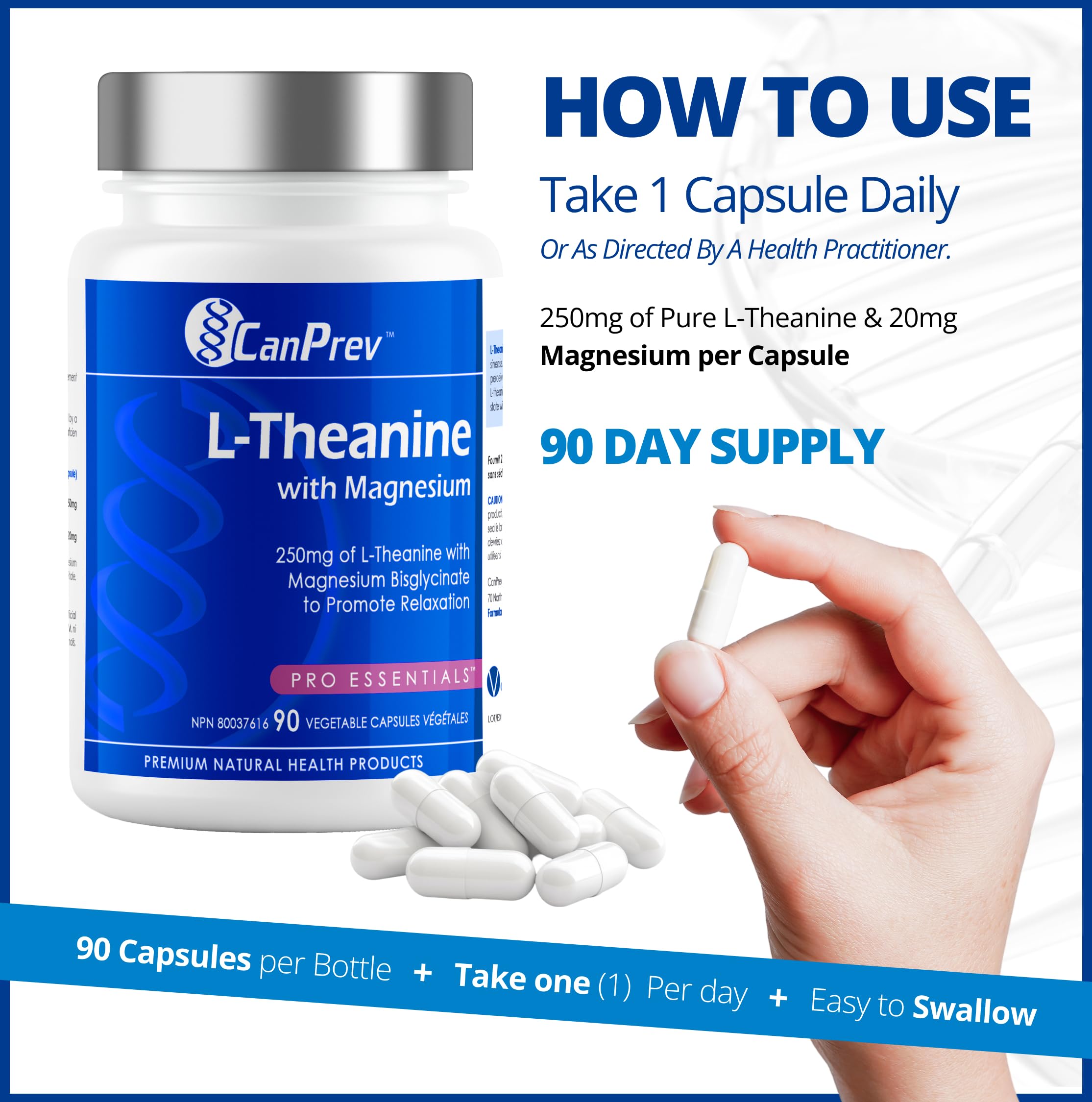 CanPrev L-Theanine with Magnesium, 90 Capsules 90-Day Supply - Promote Relaxation and Calmness - Without Drowsiness - Synergistic Blend for Well-being Management - Vegan, Non-GMO and Gluten-Free 🍁 All In One Marketplace Canada
