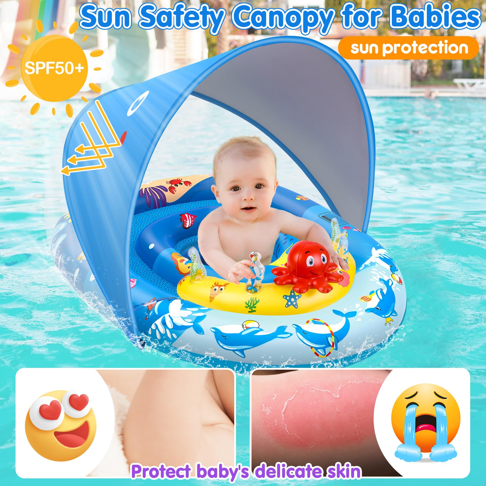 EZIGO Baby Pool Float with Canopy UPF50+ Sun Protection, Inflatable Kids Pool Float with Ocean Animal Toys for Babies 6-36 Months, Infant Swimming Float with Adjustable Safety Seat for Boys Girls 🍁 All In One Marketplace Canada