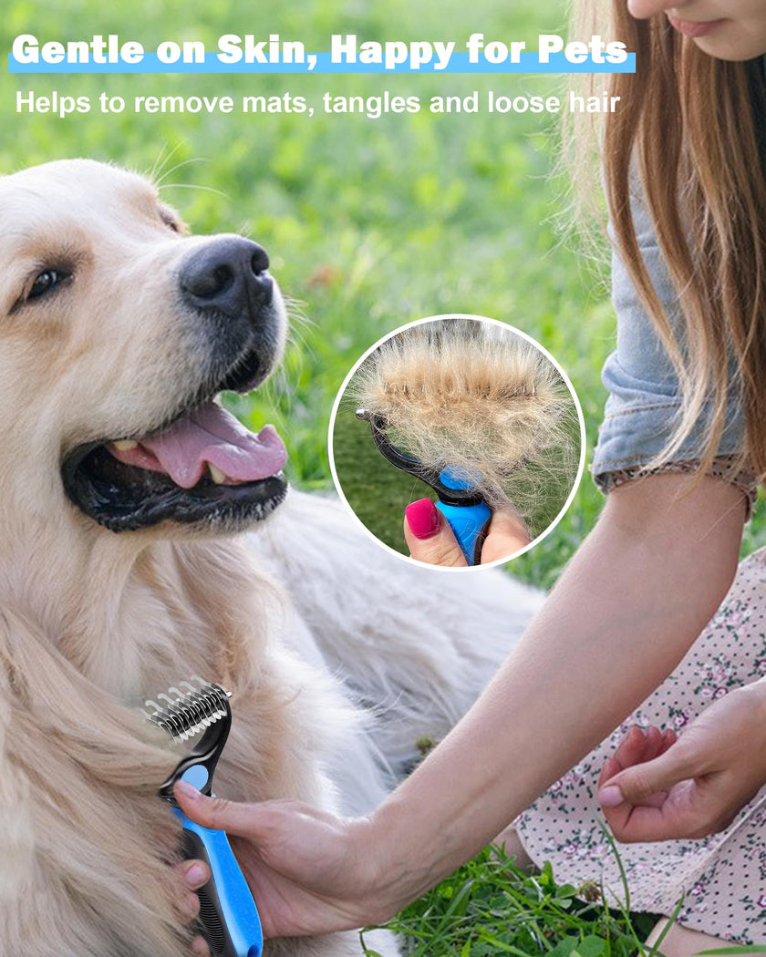 Dog and Cat Brush for Shedding and Dematting - Deshedding Undercoat Rake for Long Haired Dogs and Cats, Double Sided Pet Grooming Brush with Steel Comb, Blue 🍁 All In One Marketplace Canada