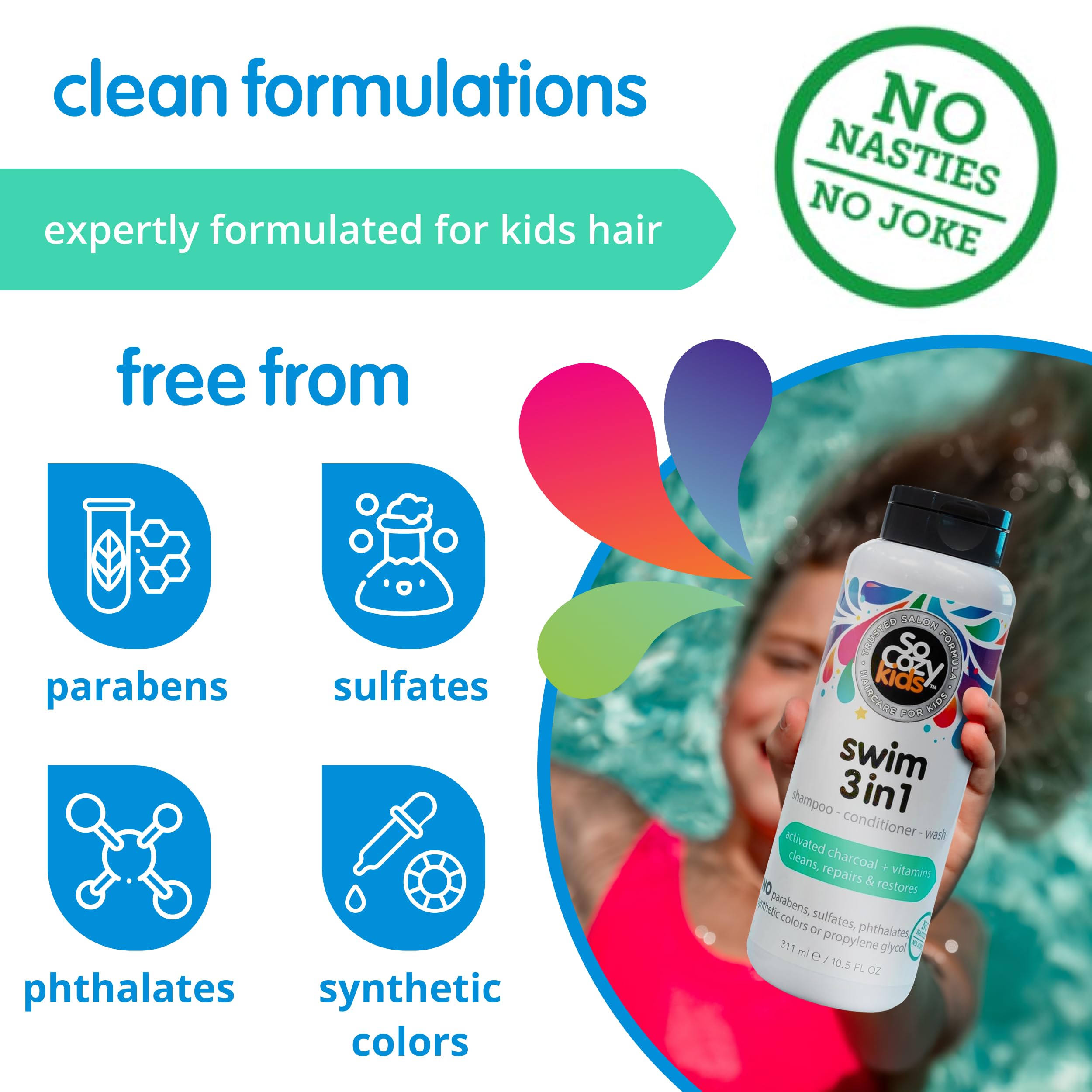 SoCozy Kids Swim 3-in-1 Shampoo, Conditioner & Body Wash - 3-in-1 Combo Pool Shampoo & Conditioner for Swimmers - Salt & Chlorine Removing Activated Charcoal for Toddler & Kids Hair After Swimming 🍁 All In One Marketplace Canada