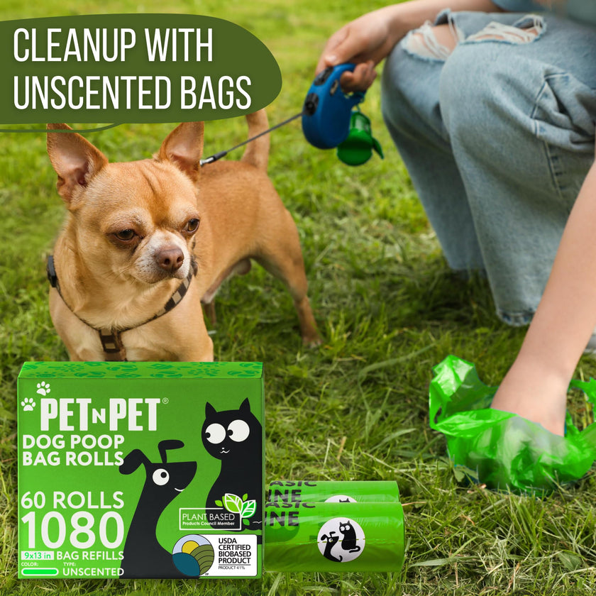 Pet N Pet Dog Poop Bags - USDA Certified 41% Plant-Based Doggy Poop Bags - Leak-Proof Sac Caca Chien Refill Rolls (1080 Count, Unscented, Green) 🍁 All In One Marketplace Canada