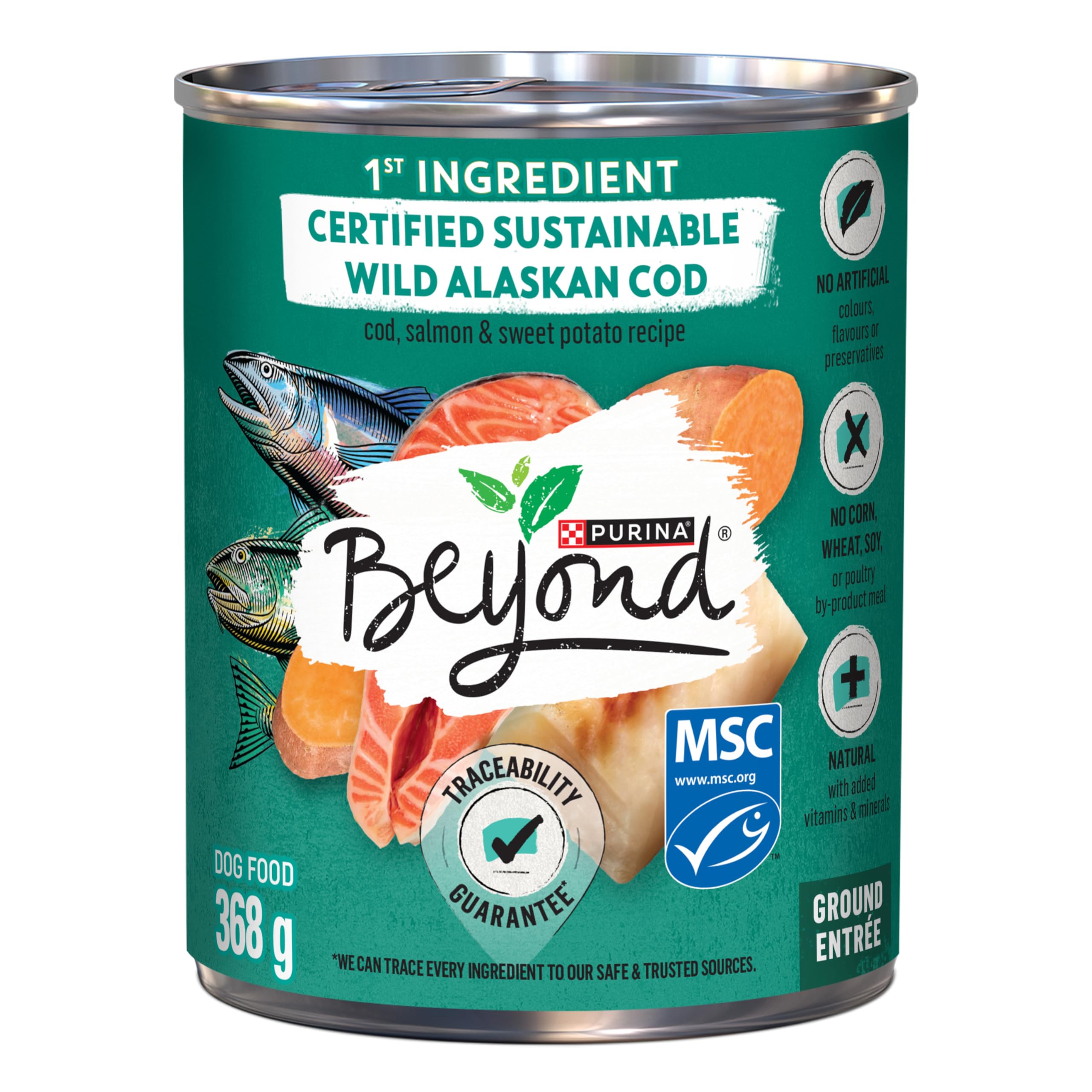 Beyond Natural Wet Dog Food, Alaskan Cod, Salmon & Sweet Potato Ground Entree - 368 g Can (12 Pack) 🍁 All In One Marketplace Canada
