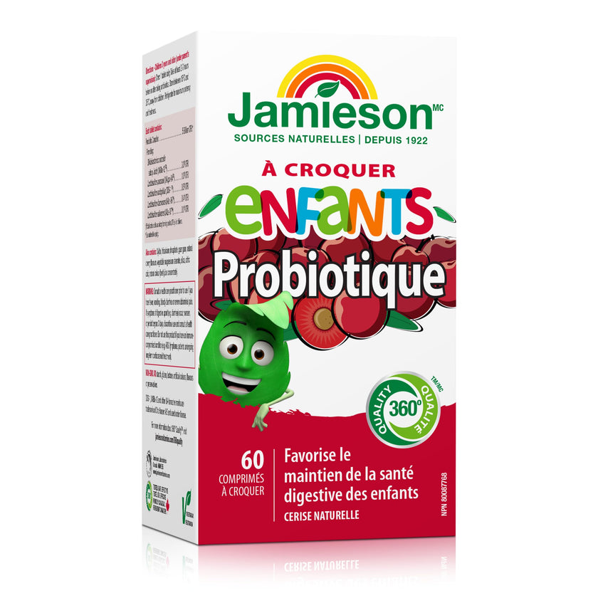 Jamieson Probiotic for Kids, 60 Chewable Tablets, 5 Billion CFU, Natural Cherry Flavour, Digestive and Intestinal Health. Non-GMO, No Artificial Colours, Flavours, or Preservatives, 60 Count 🍁 All In One Marketplace Canada