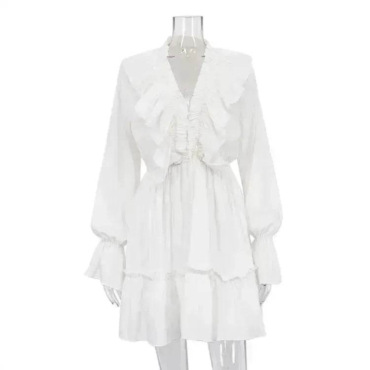 Casual Fashion V Neck Pleated Ruffle Long Sleeve Dress Y2K V Neck Flared Sleeve Short Mini Skater Dress Women's Clothing