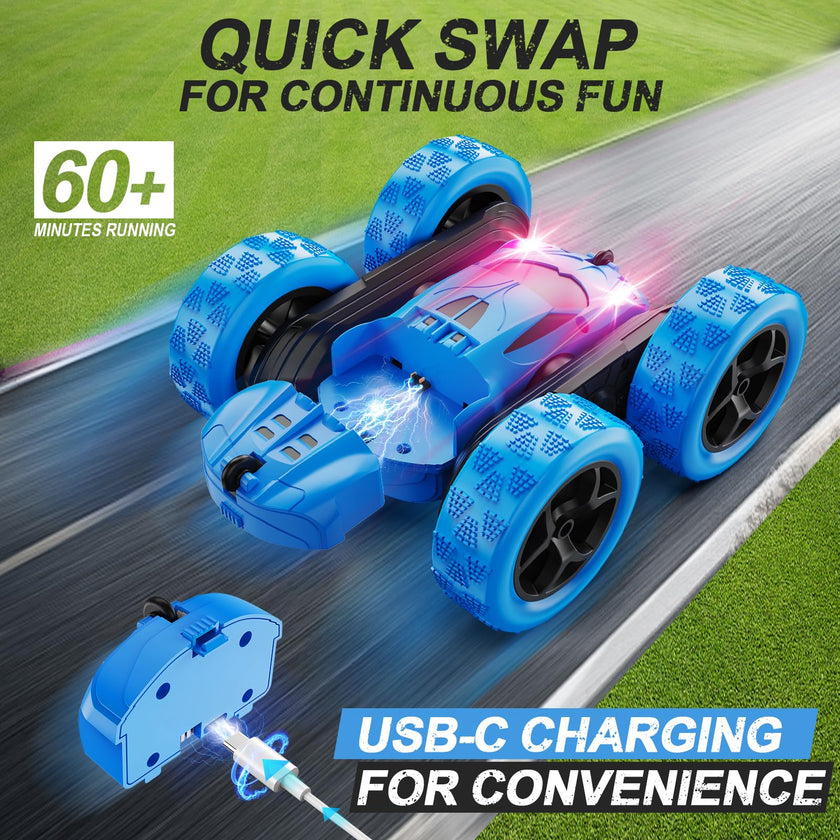 QUNREDA Remote Control Car for Kids Ages 6+, RC Cars Stunt Car Toy 4WD Double Sided 360° Rotating Remote Control with Headlights, Birthday Xmas Gifts for Boys 6 7 8 9 10 11 12 1-Blue 🍁 All In One Marketplace Canada